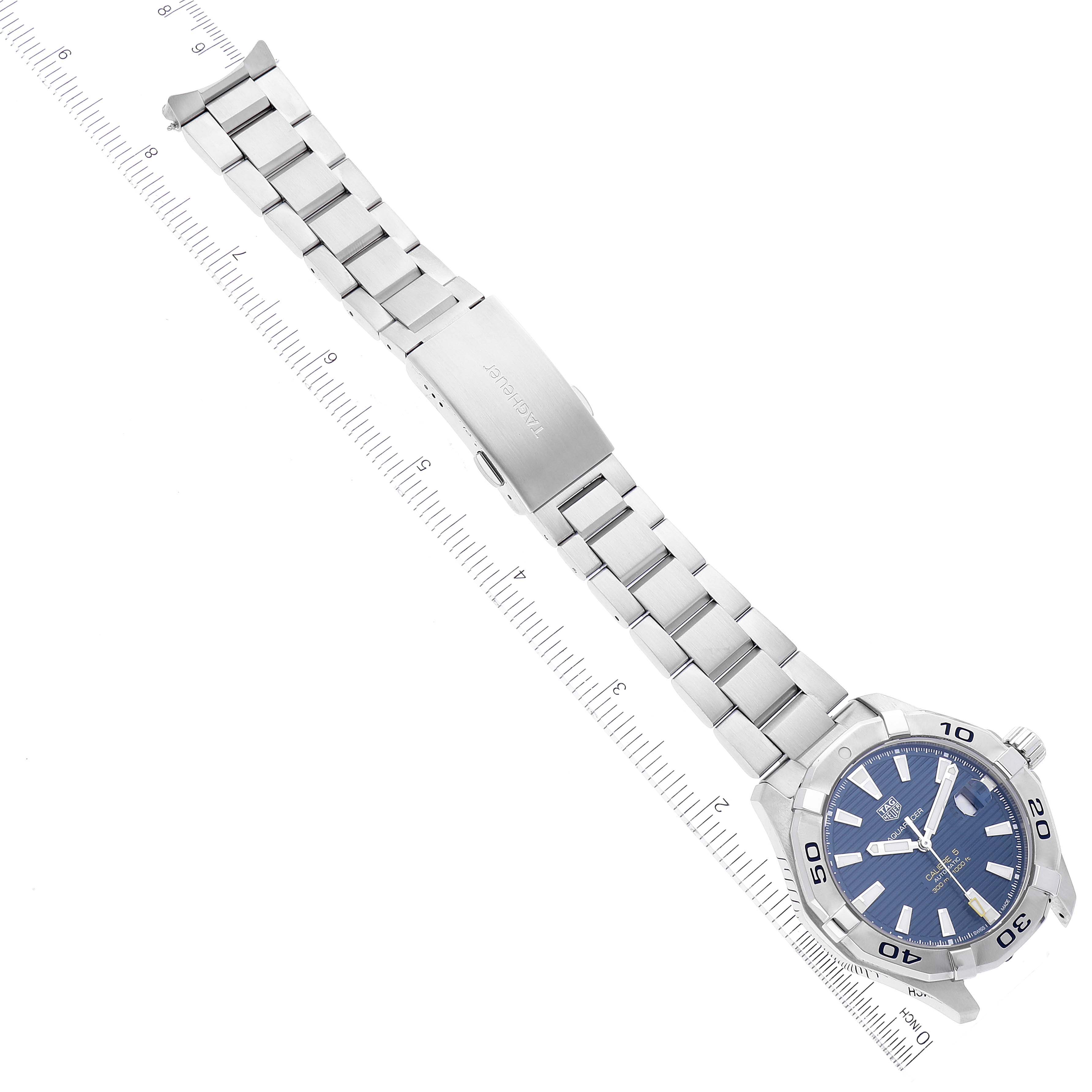 The Tag Heuer Aquaracer WAY2012.BA0927 Men's Stainless Steel Blue Dial WAY2012.BA0927 Men's Stainless Steel Blue Dial watch is displayed flat, showing the front dial with its blue face and the stainless steel bracelet.