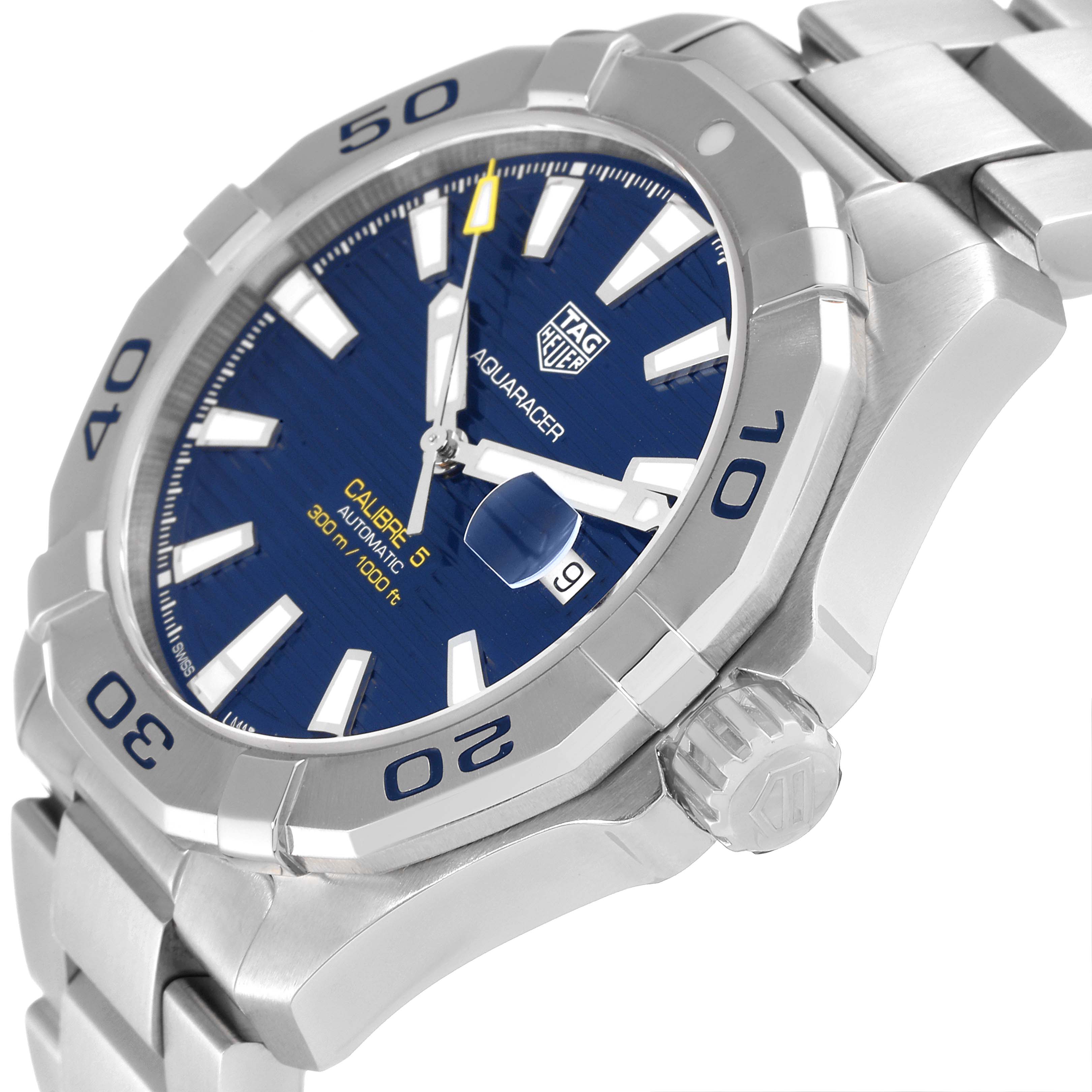 The image shows a close-up, angled view of the Tag Heuer Aquaracer WAY2012.BA0927 Men's Stainless Steel Blue Dial WAY2012.BA0927 Men's Stainless Steel Blue Dial watch, highlighting the face, bezel, crown, and stainless steel bracelet.