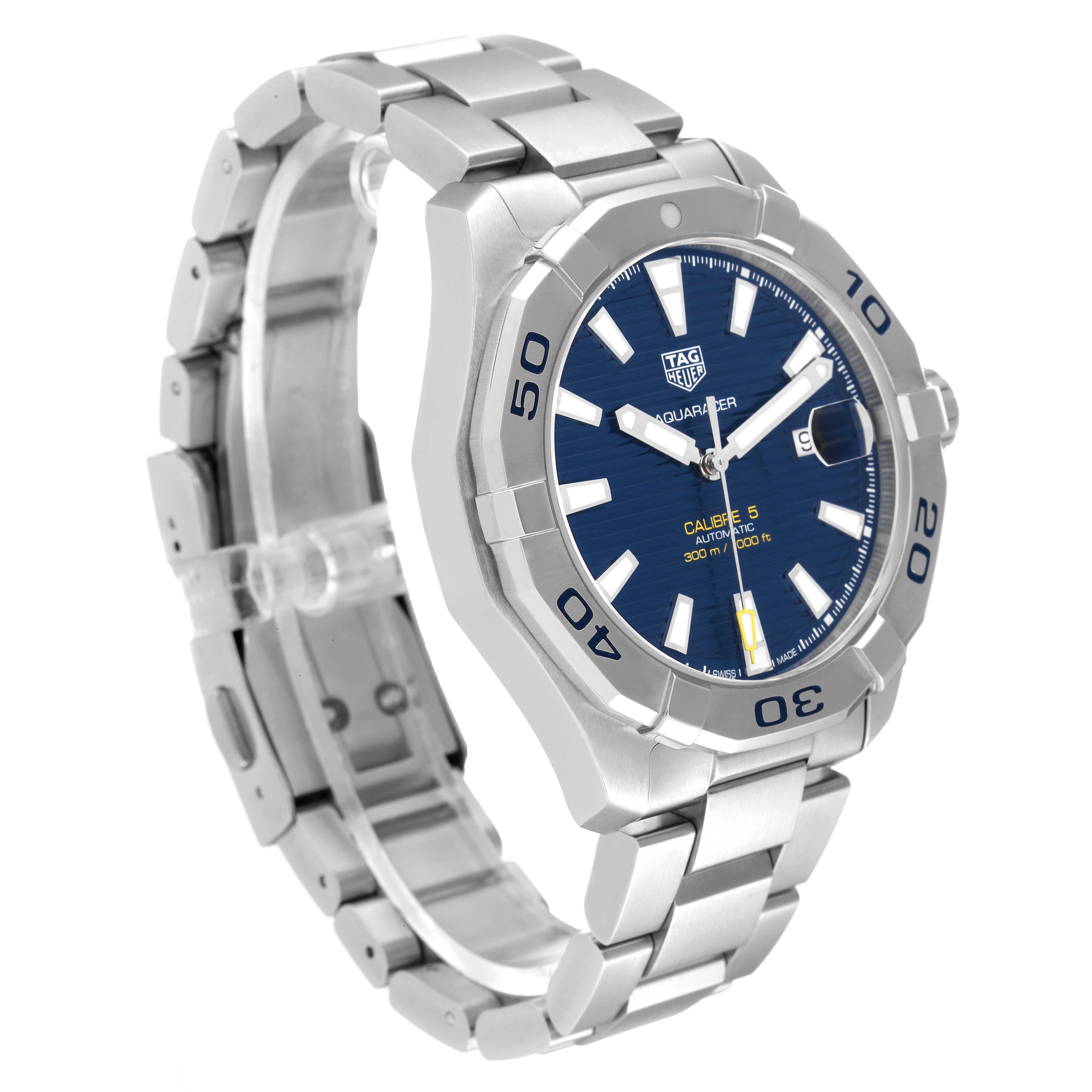 The image shows a side-angle view of the Tag Heuer Aquaracer WAY2012.BA0927 Men's Stainless Steel Blue Dial WAY2012.BA0927 Men's Stainless Steel Blue Dial watch, highlighting its bracelet, bezel, and dial.