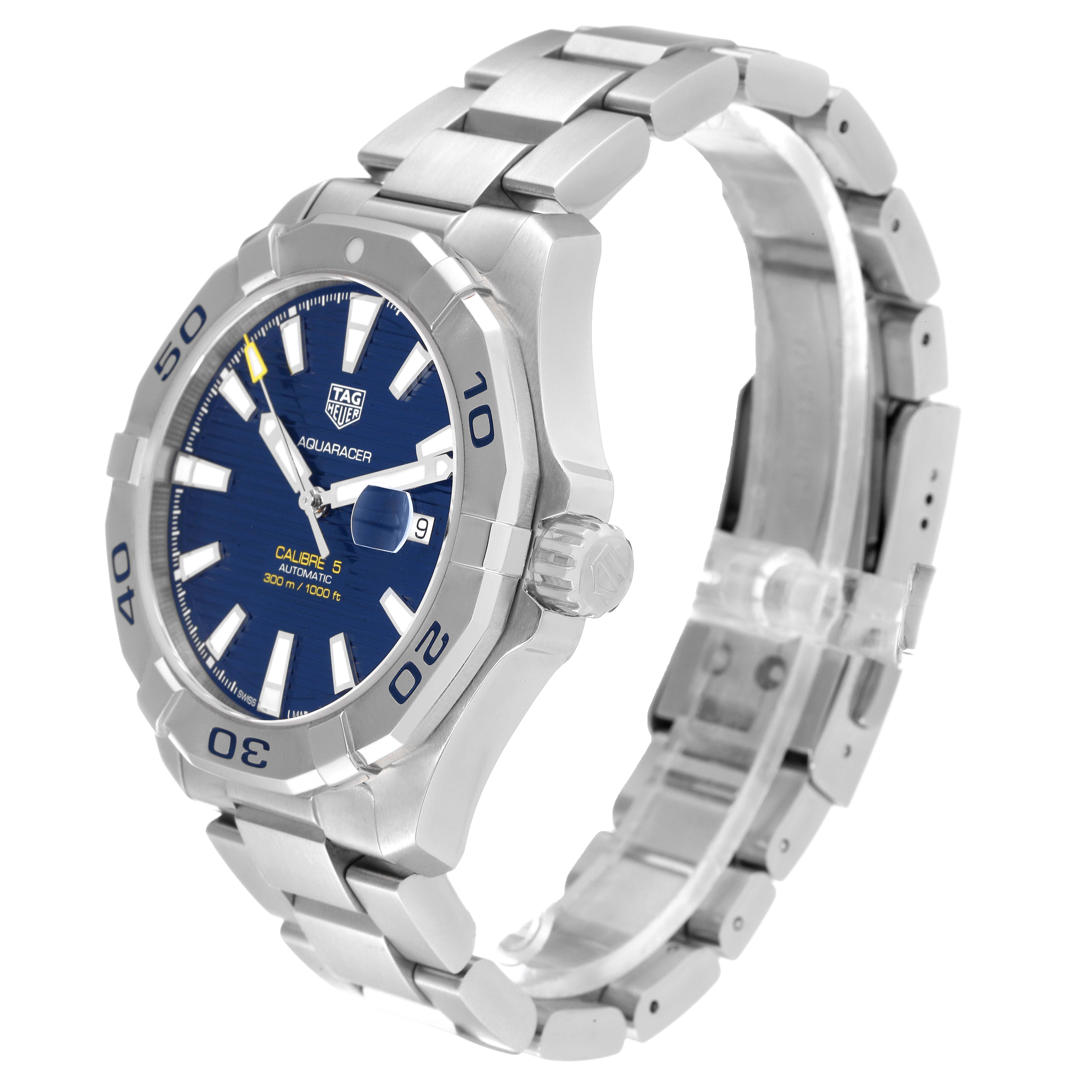 This Tag Heuer Aquaracer WAY2012.BA0927 Men's Stainless Steel Blue Dial WAY2012.BA0927 Men's Stainless Steel Blue Dial watch is shown from a slight angle, displaying its face, bezel, bracelet, and crown.