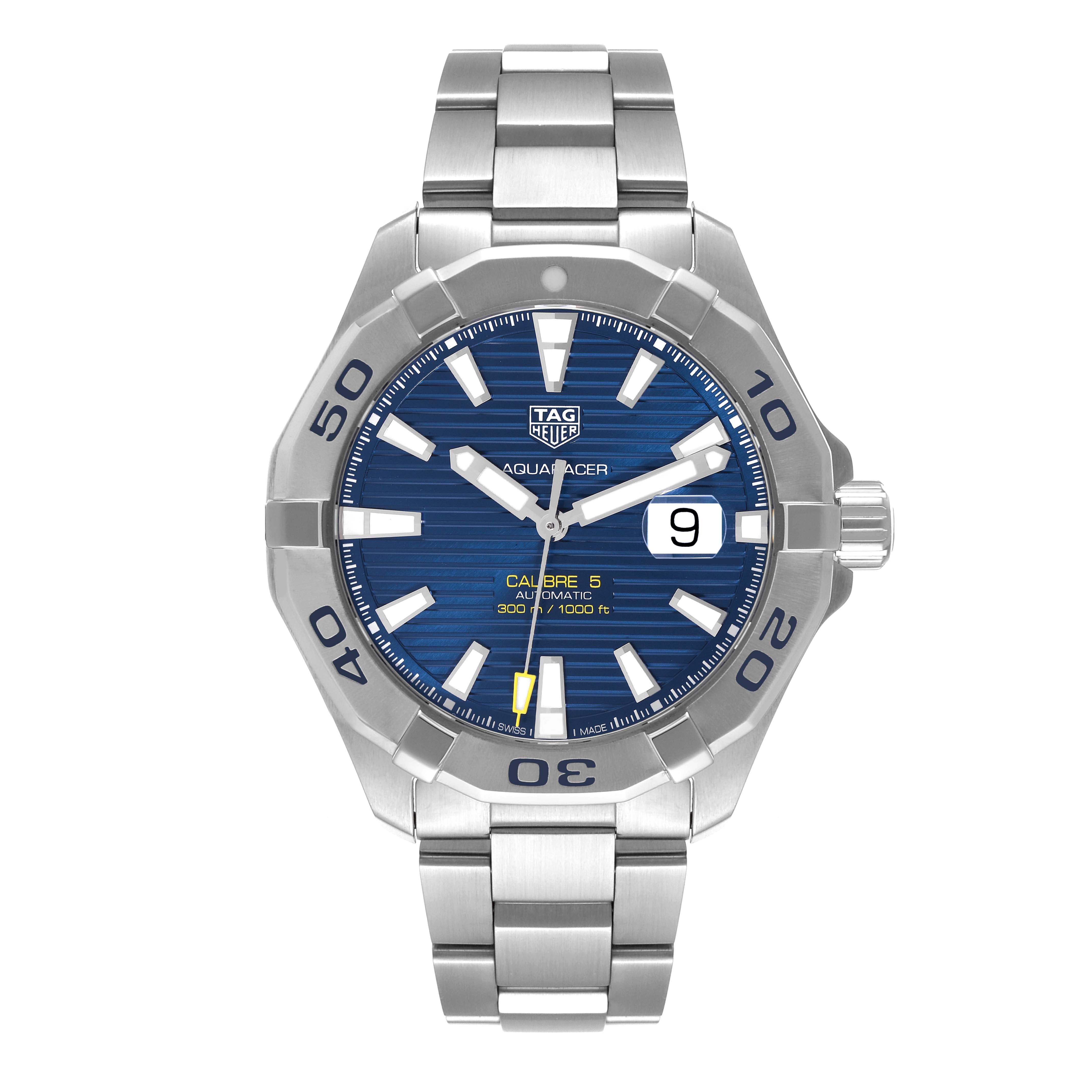 The image shows a front view of a Tag Heuer Aquaracer WAY2012.BA0927 Men's Stainless Steel Blue Dial WAY2012.BA0927 Men's Stainless Steel Blue Dial watch with a blue dial and stainless steel bracelet.