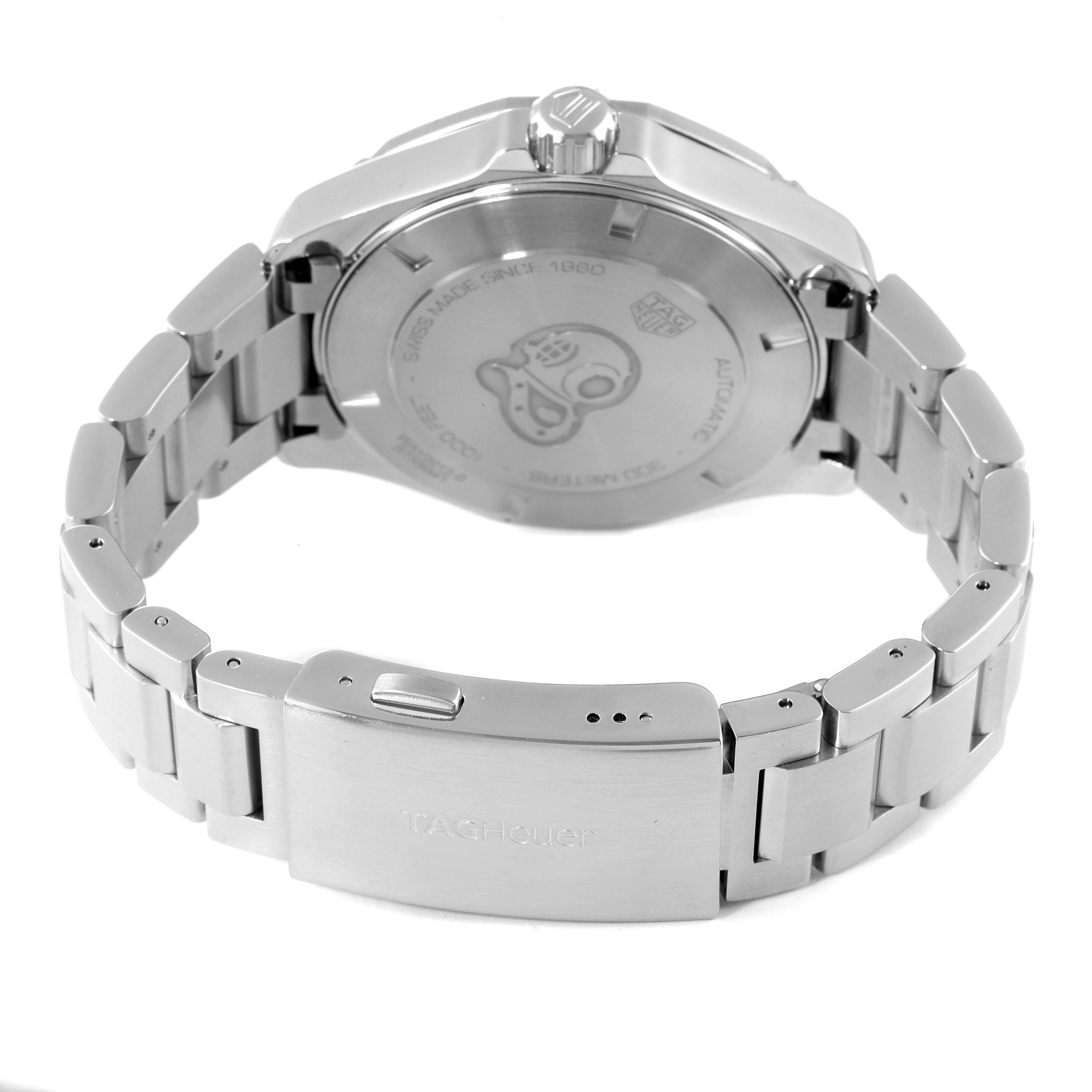 This image shows the back view of a Tag Heuer Aquaracer WAY2012.BA0927 Men's Stainless Steel Blue Dial WAY2012.BA0927 Men's Stainless Steel Blue Dial watch, highlighting its stainless steel bracelet and clasp.