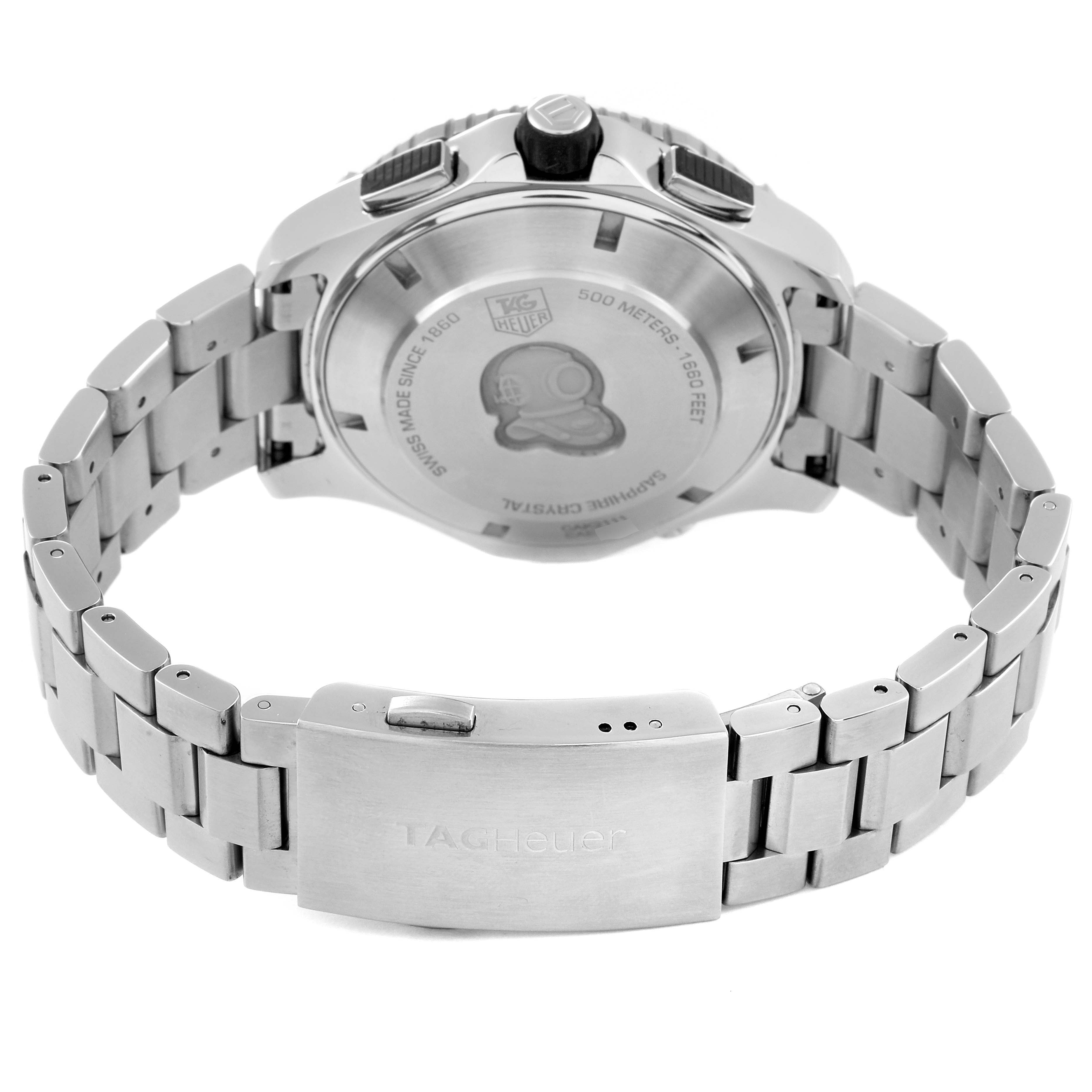 This image shows the back and clasp of the Tag Heuer Aquaracer CAK2111.BA0833 Men's Stainless Steel Black Dial CAK2111.BA0833 Men's Stainless Steel Black Dial watch, highlighting the stainless steel bracelet and case back details.