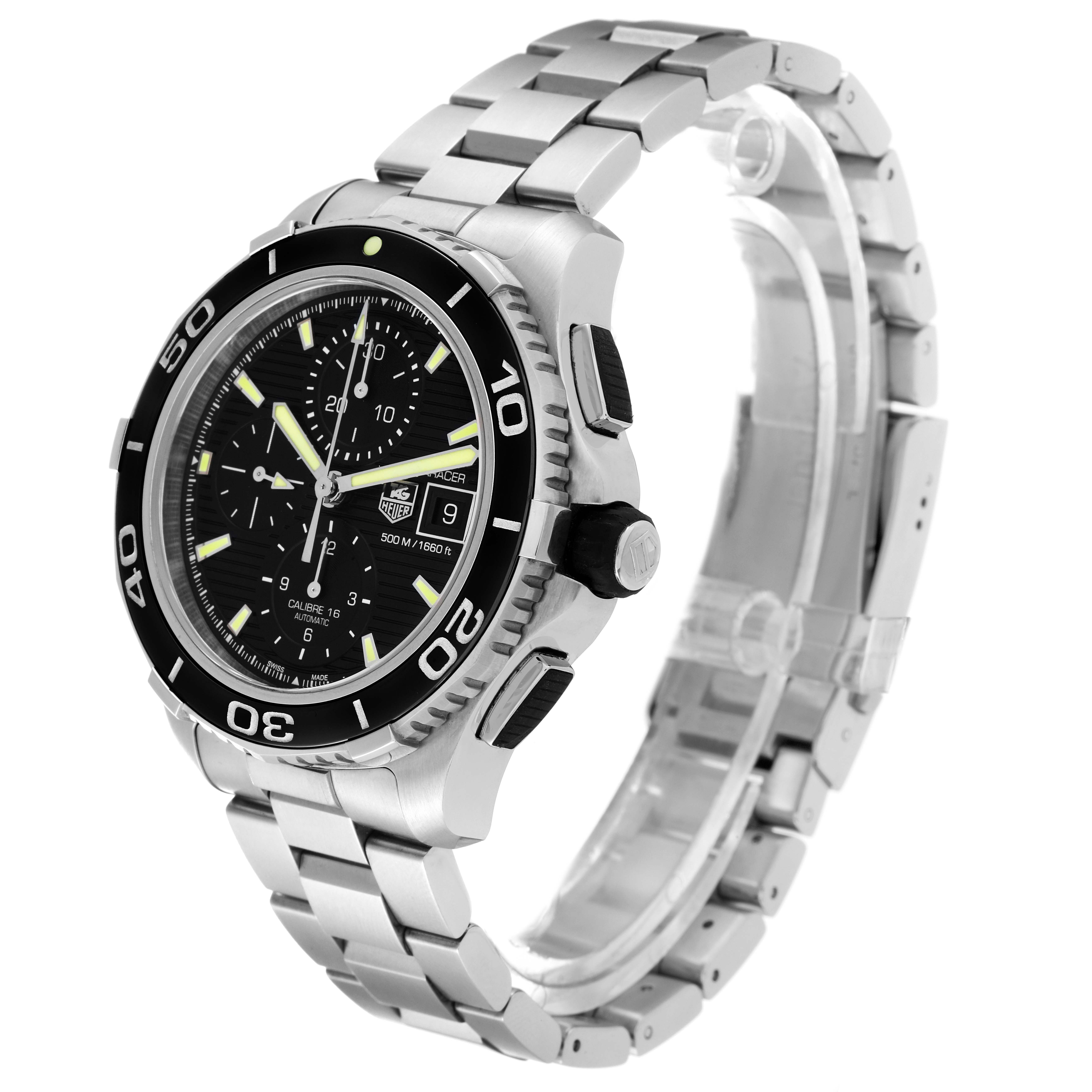 This image shows a Tag Heuer Aquaracer CAK2111.BA0833 Men's Stainless Steel Black Dial CAK2111.BA0833 Men's Stainless Steel Black Dial watch at a side angle highlighting its bezel, dial, and metal bracelet.