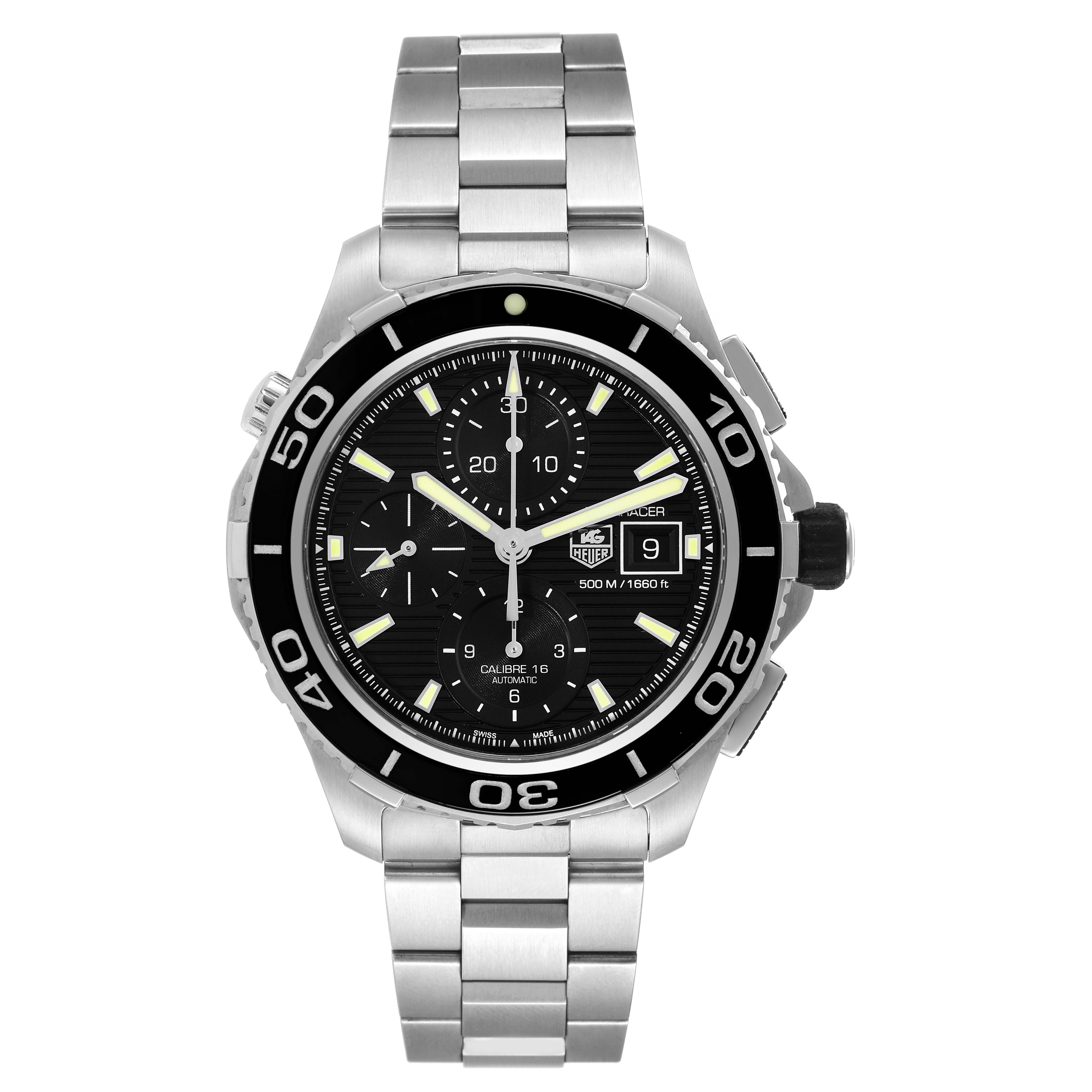 The image shows a Tag Heuer Aquaracer CAK2111.BA0833 Men's Stainless Steel Black Dial CAK2111.BA0833 Men's Stainless Steel Black Dial watch from a front angle, highlighting its face, bezel, and bracelet.