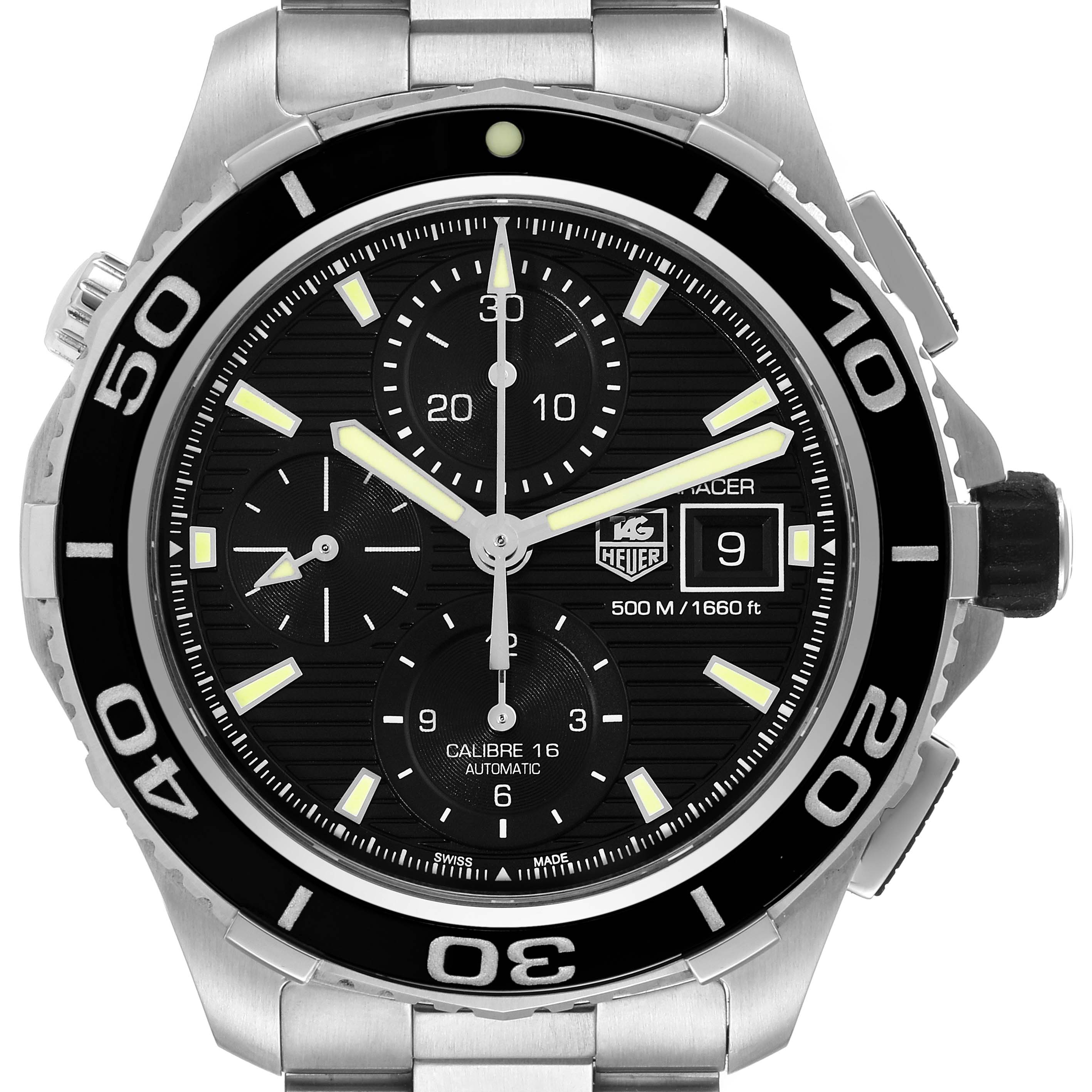 This image shows a front view of the Tag Heuer Aquaracer CAK2111.BA0833 Men's Stainless Steel Black Dial CAK2111.BA0833 Men's Stainless Steel Black Dial watch featuring its dial, bezel, and part of the band.