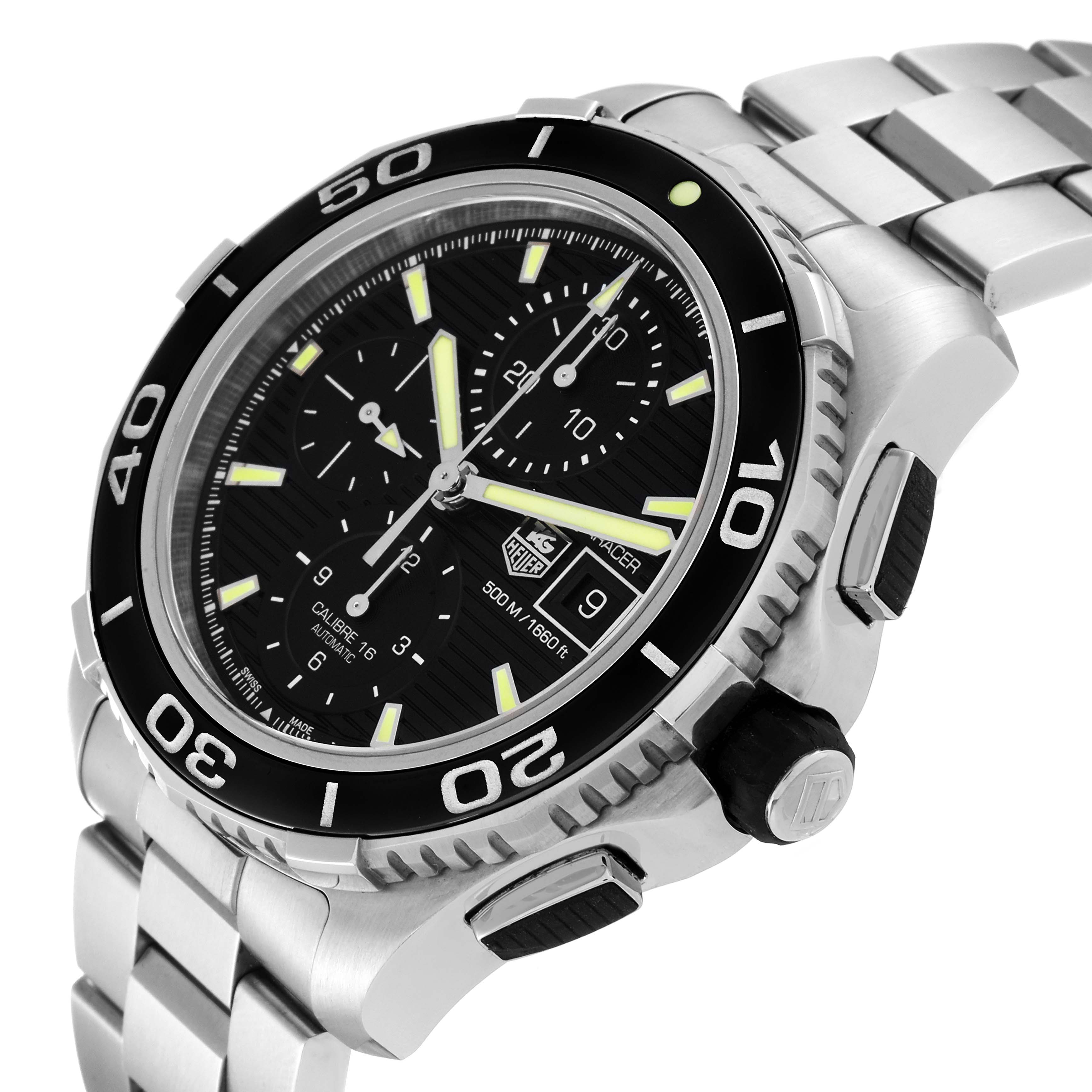 The image shows a Tag Heuer Aquaracer CAK2111.BA0833 Men's Stainless Steel Black Dial CAK2111.BA0833 Men's Stainless Steel Black Dial watch at an angled side view, highlighting its bezel, dial, and bracelet.