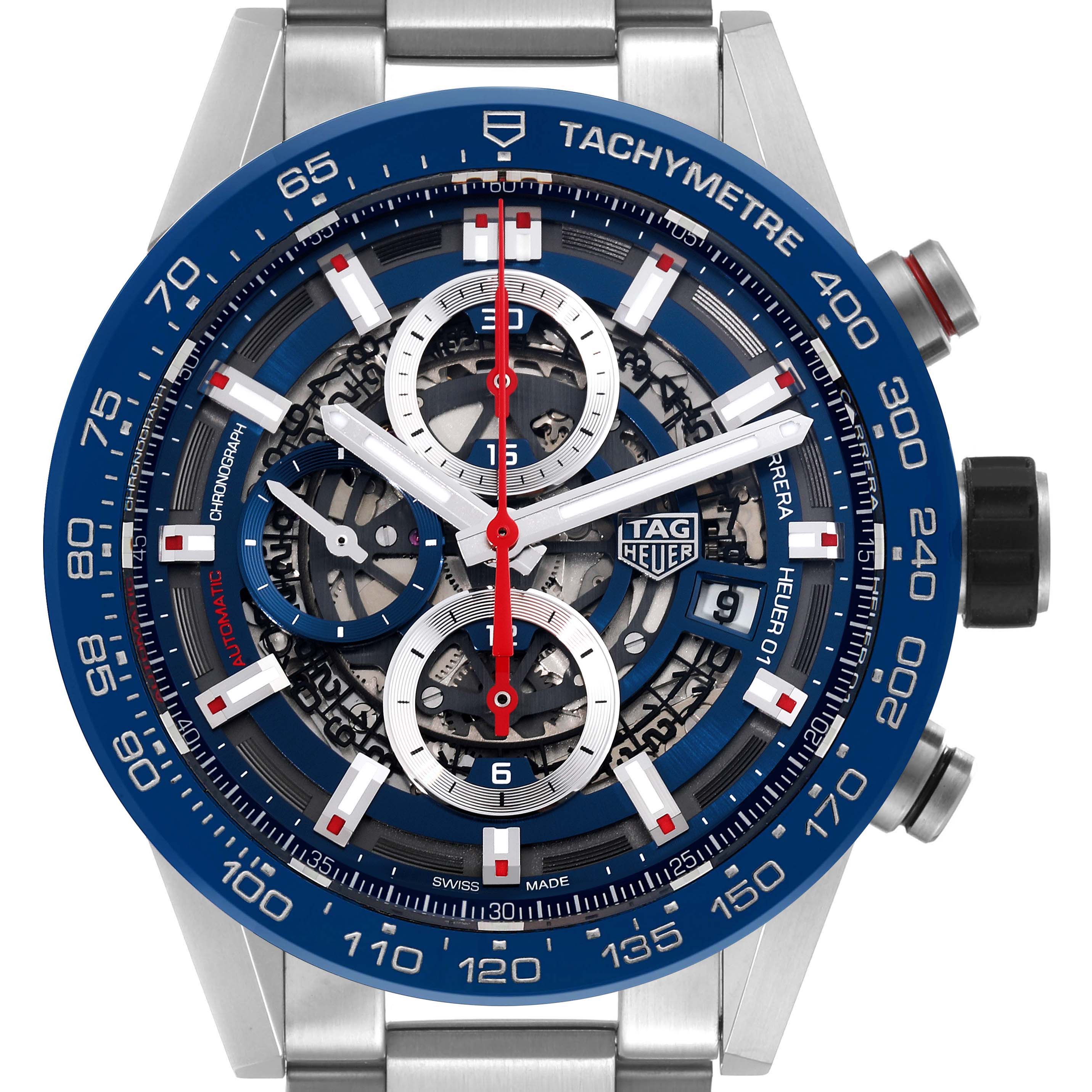 The image shows a close-up of the dial and bezel of a Tag Heuer Carrera CAR201T Men's Stainless Steel Blue Dial CAR201T Men's Stainless Steel Blue Dial watch, highlighting the tachymeter and chronograph features.