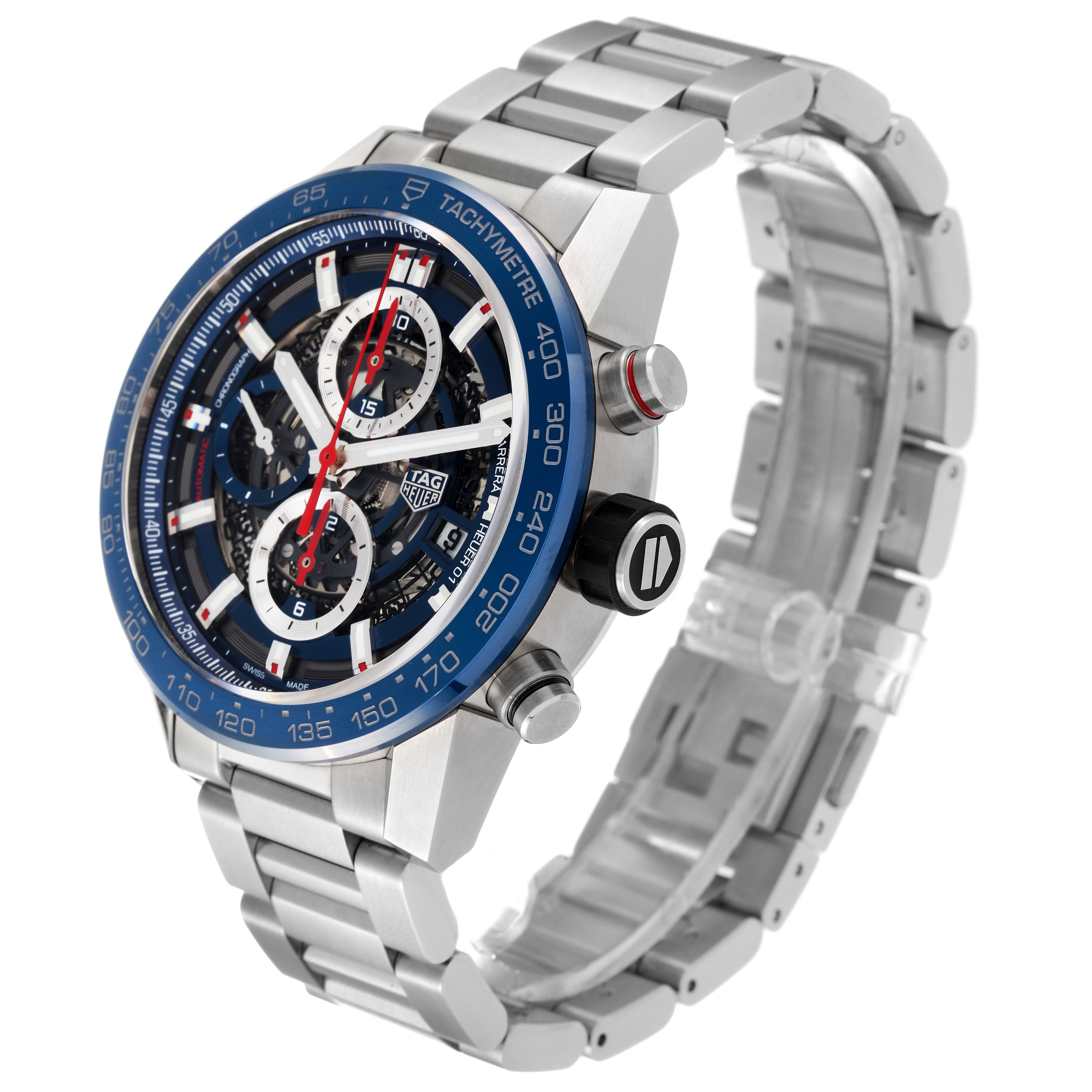 The image shows a side and frontal view of the Tag Heuer Carrera CAR201T Men's Stainless Steel Blue Dial CAR201T Men's Stainless Steel Blue Dial watch, highlighting its face, bezel, and bracelet.