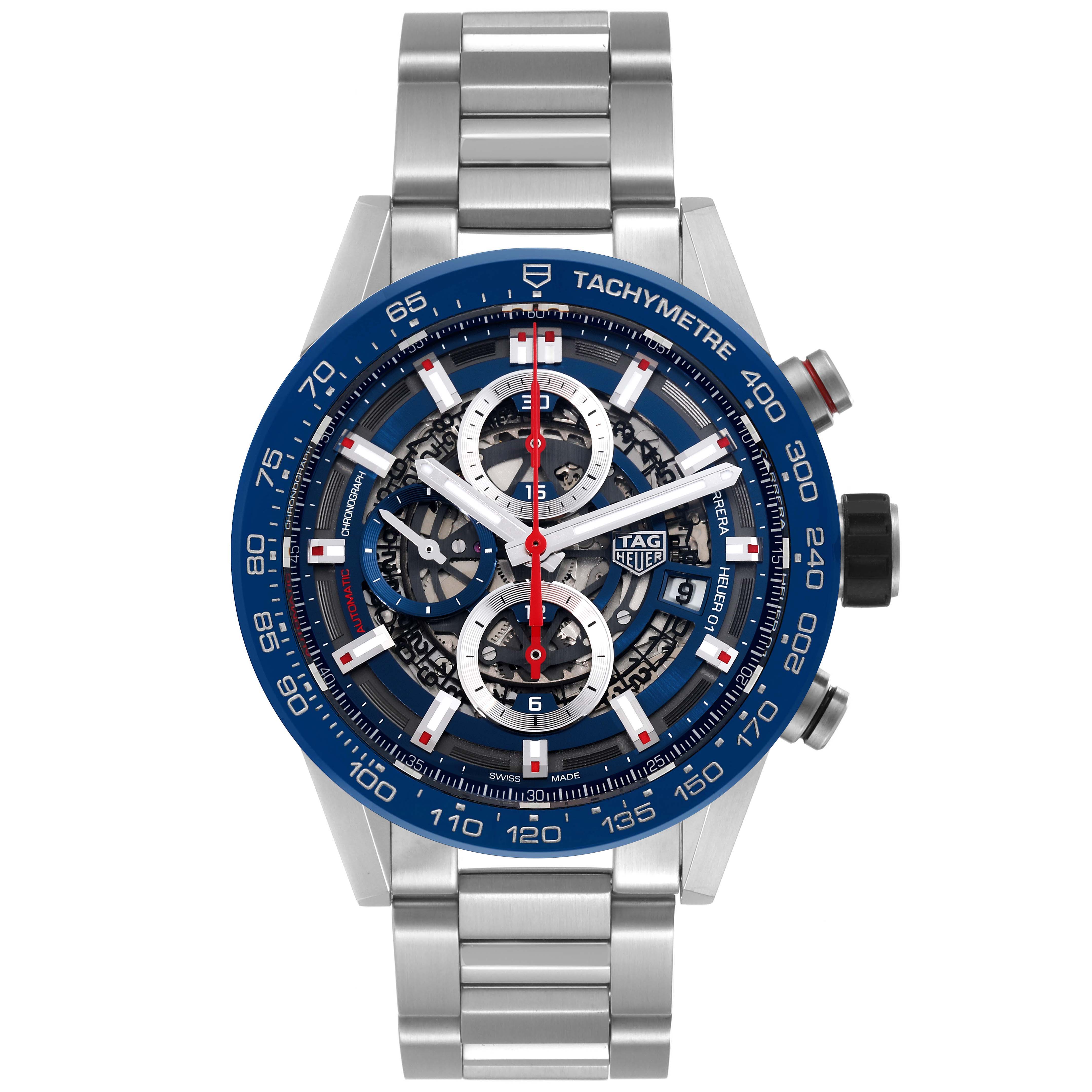 The Tag Heuer Carrera CAR201T Men's Stainless Steel Blue Dial CAR201T Men's Stainless Steel Blue Dial watch is shown from a front angle, highlighting its blue tachymeter bezel, intricate dial, and stainless steel bracelet.