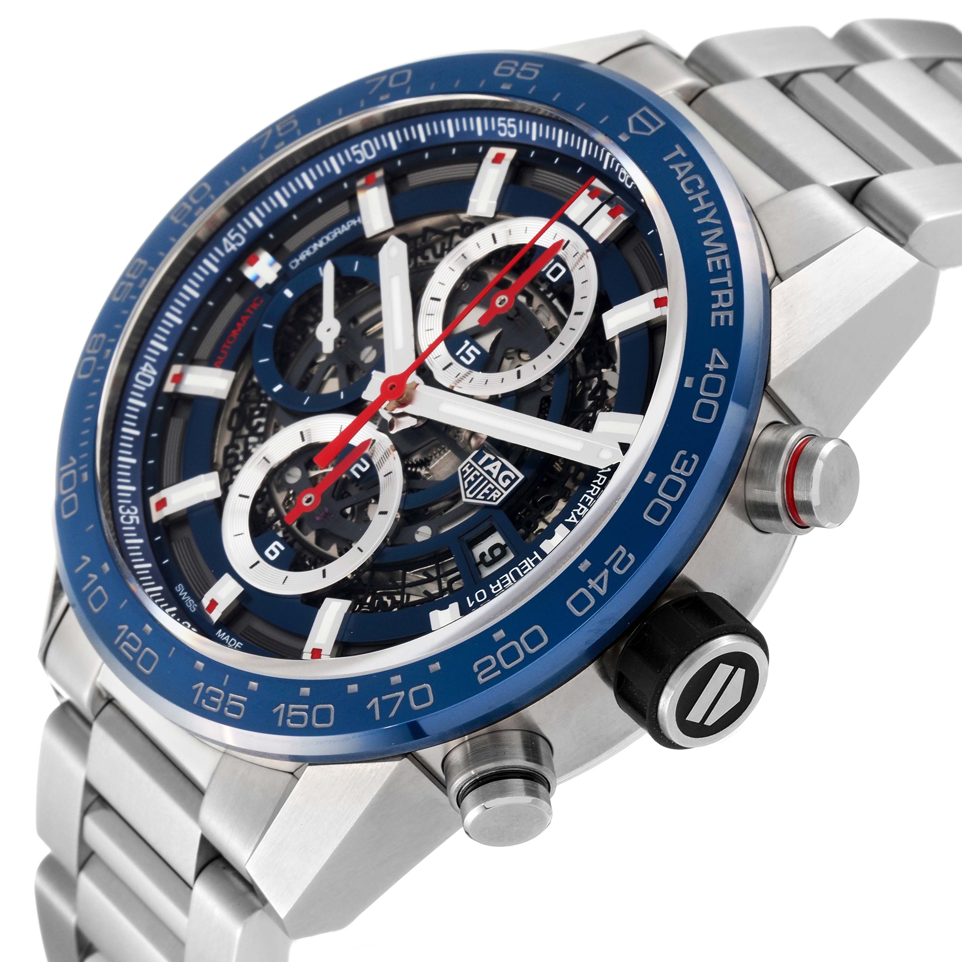 This image shows a close-up side angle of the Tag Heuer Carrera CAR201T Men's Stainless Steel Blue Dial CAR201T Men's Stainless Steel Blue Dial watch, highlighting its dial, bezel, and metal bracelet.