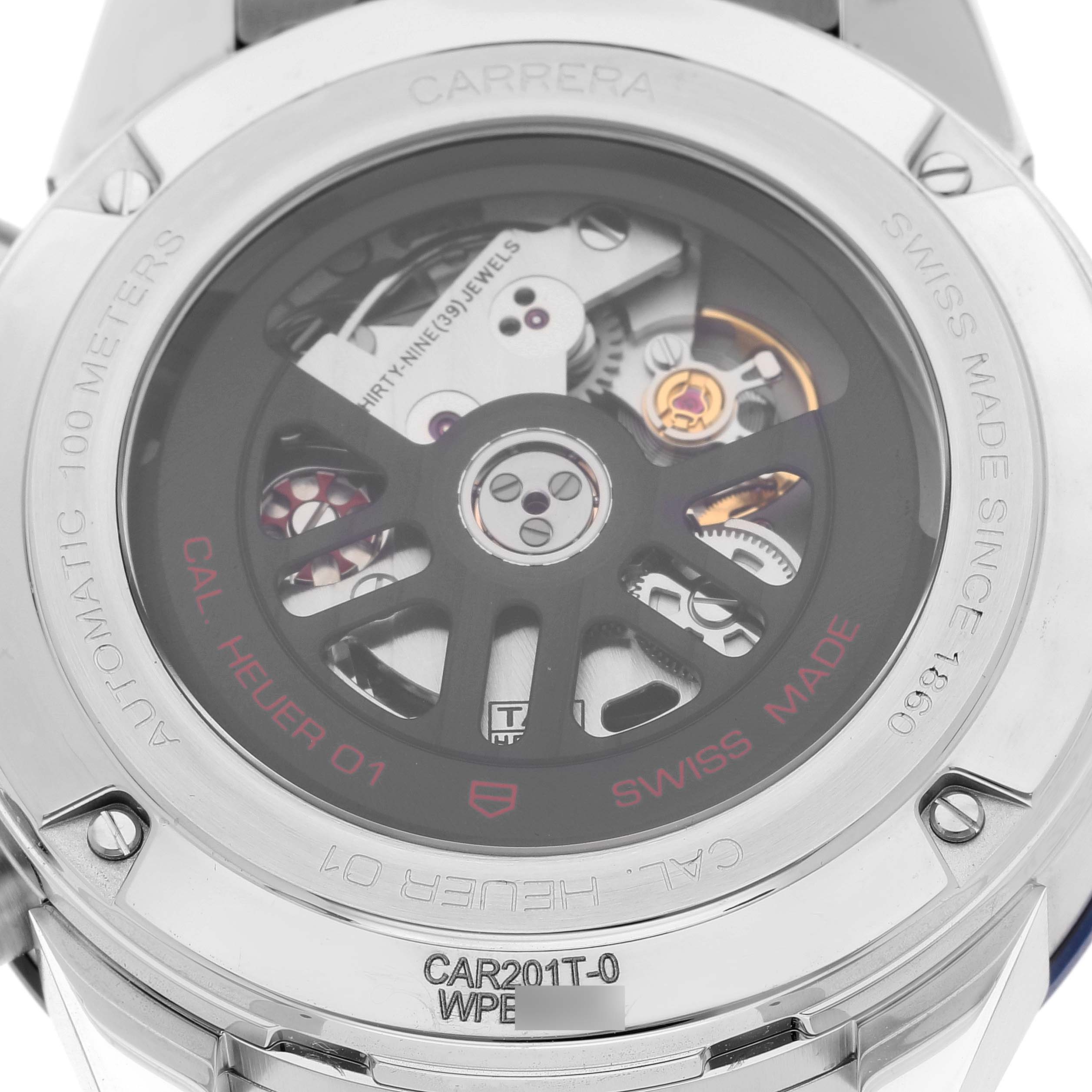 The image shows the back view of a Tag Heuer Carrera CAR201T Men's Stainless Steel Blue Dial CAR201T Men's Stainless Steel Blue Dial watch, highlighting its automatic movement and intricate inner workings.