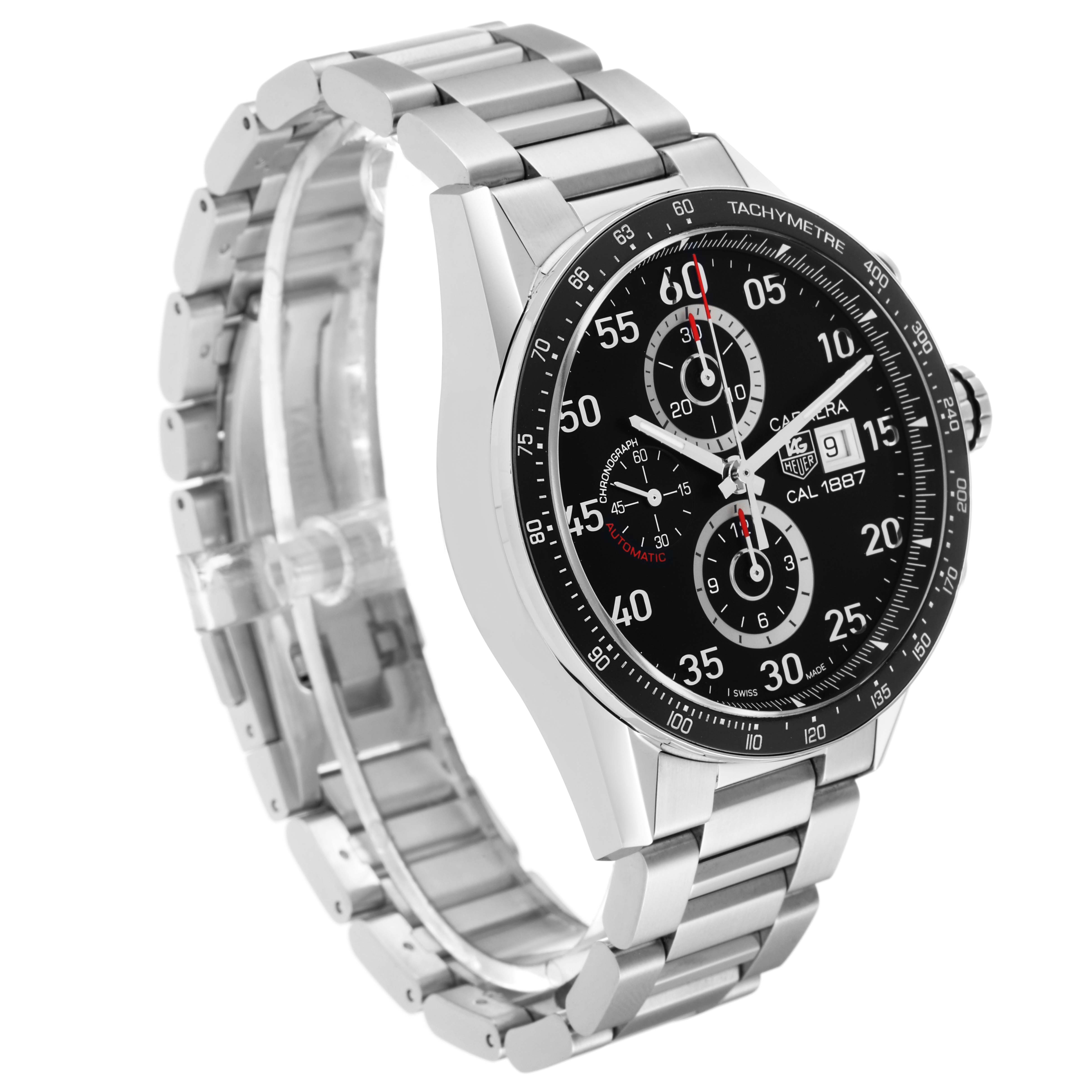 The image shows a Tag Heuer Carrera CAR2A10-2 Men's Stainless Steel Black Dial CAR2A10-2 Men's Stainless Steel Black Dial watch at a three-quarter angle, highlighting the stainless steel bracelet and black dial with multiple subdials.