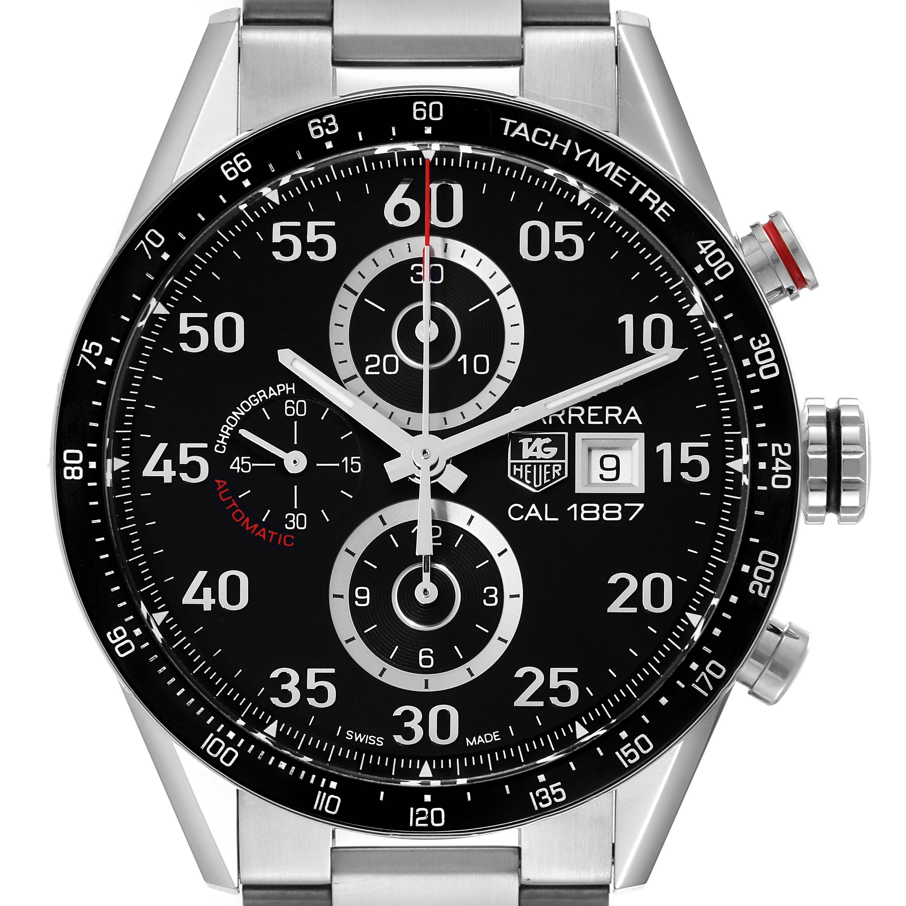 The image shows a front view of a Tag Heuer Carrera CAR2A10-2 Men's Stainless Steel Black Dial CAR2A10-2 Men's Stainless Steel Black Dial watch, highlighting its black dial, chronograph sub-dials, and tachymeter bezel.