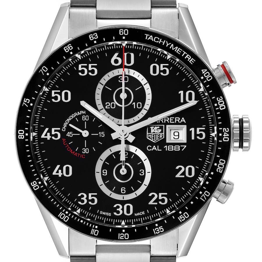 Tag Heuer Carrera Chronograph Steel Black Dial Mens Watch CAR2A10 Box Card SwissWatchExpo