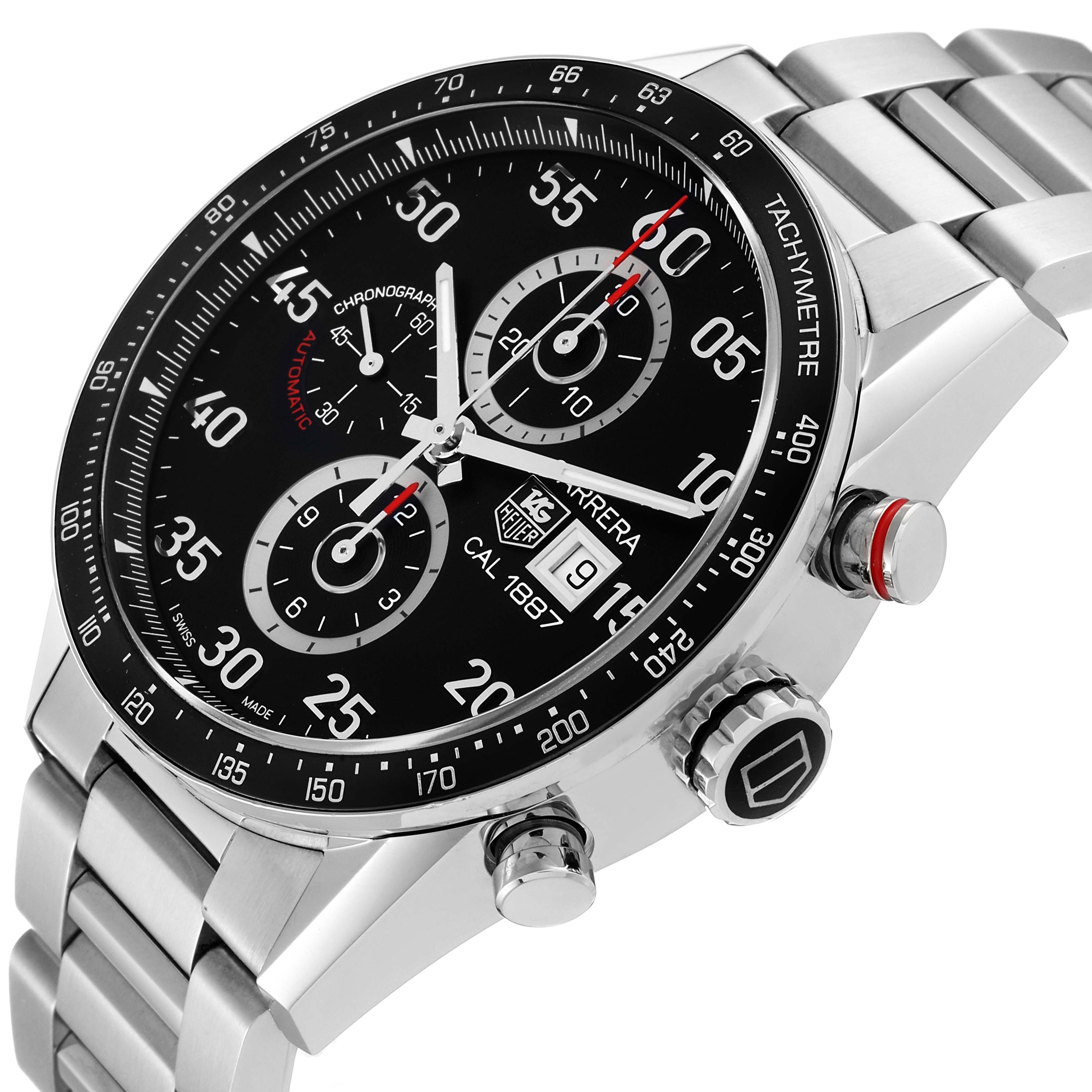 The Tag Heuer Carrera CAR2A10-2 Men's Stainless Steel Black Dial CAR2A10-2 Men's Stainless Steel Black Dial watch is shown at an angle highlighting the face, bezel, and side buttons.