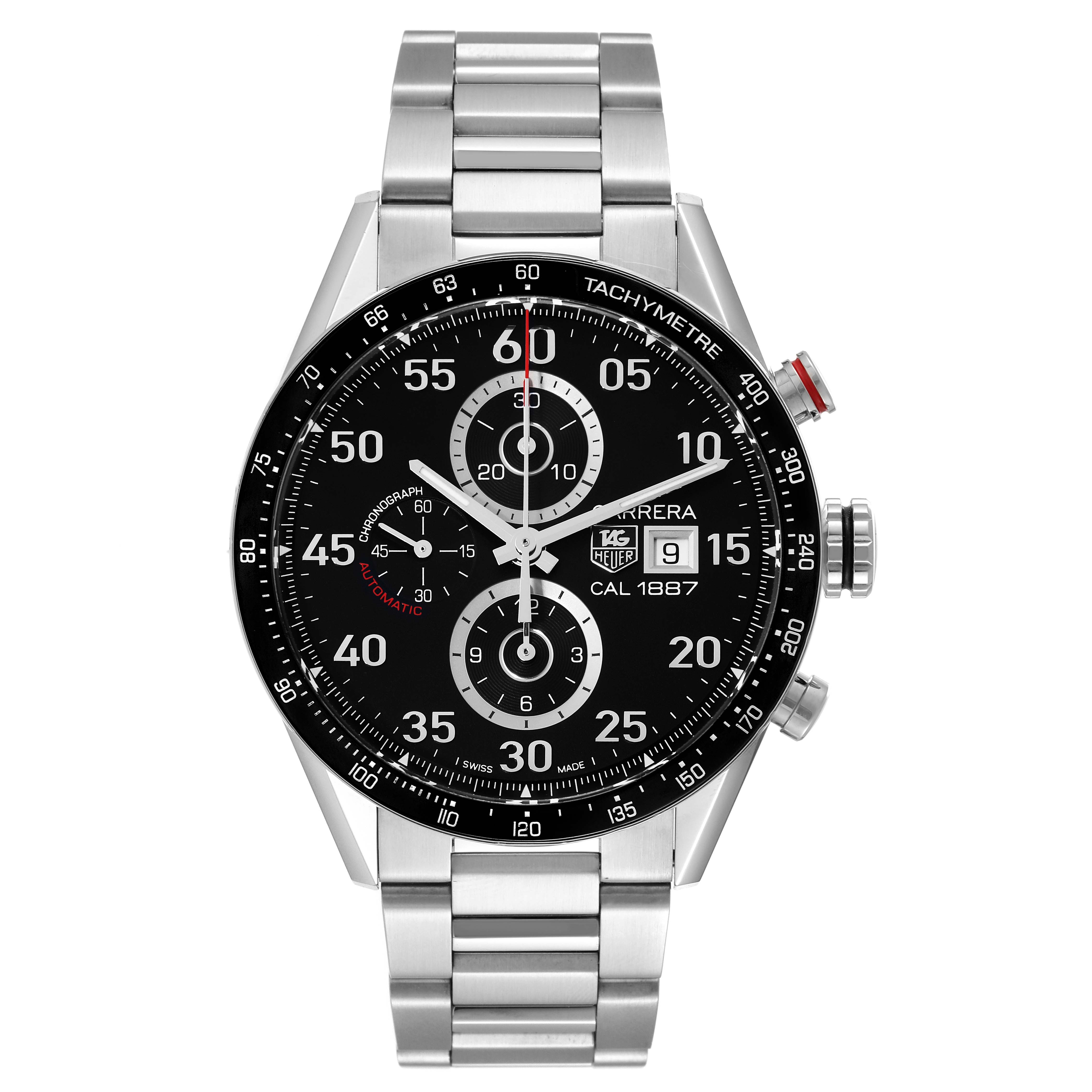 The image shows a front view of the Tag Heuer Carrera CAR2A10-2 Men's Stainless Steel Black Dial CAR2A10-2 Men's Stainless Steel Black Dial watch, highlighting its stainless steel band and chronograph dial.