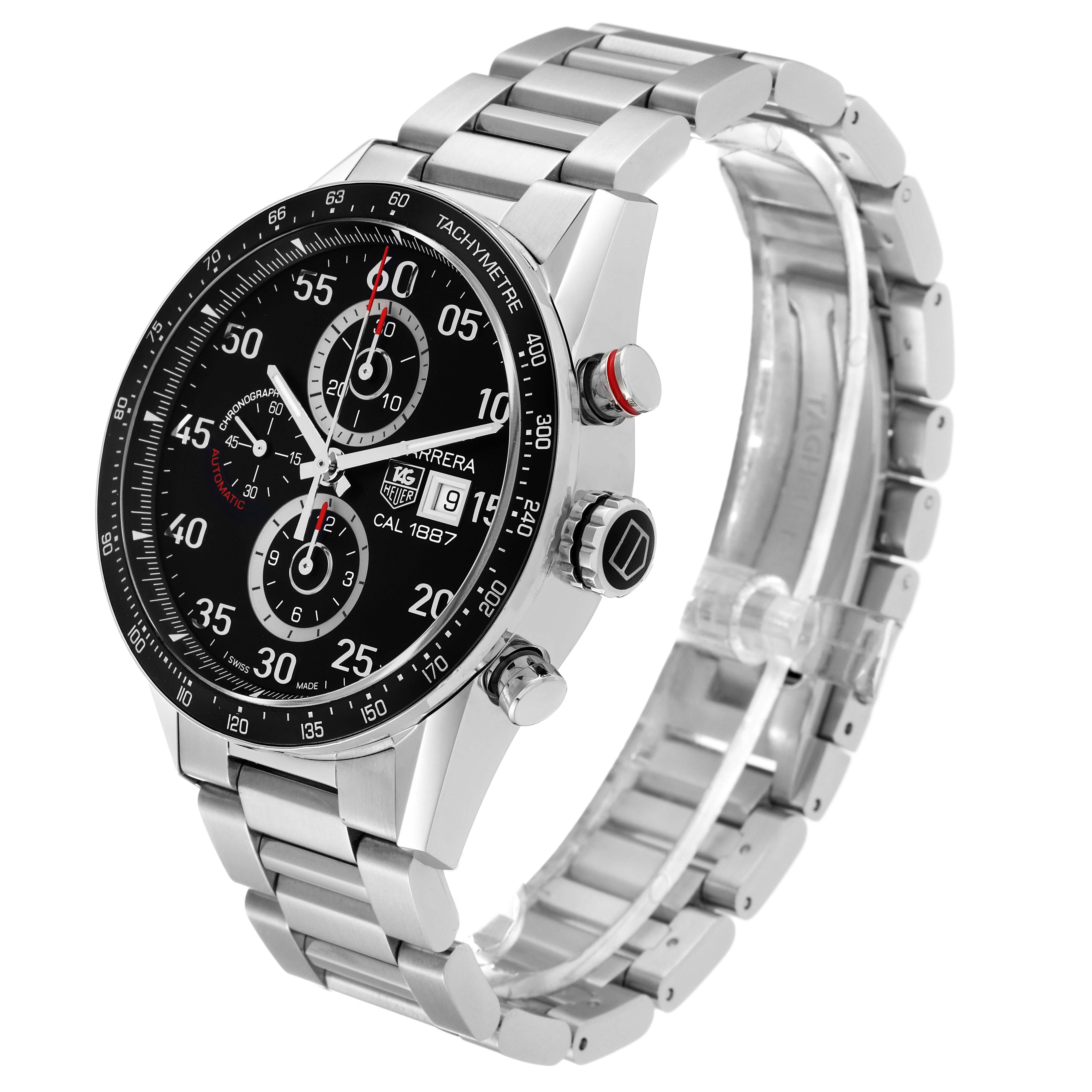 The image shows a Tag Heuer Carrera CAR2A10-2 Men's Stainless Steel Black Dial CAR2A10-2 Men's Stainless Steel Black Dial watch at an angle revealing the face, case, and stainless steel bracelet.