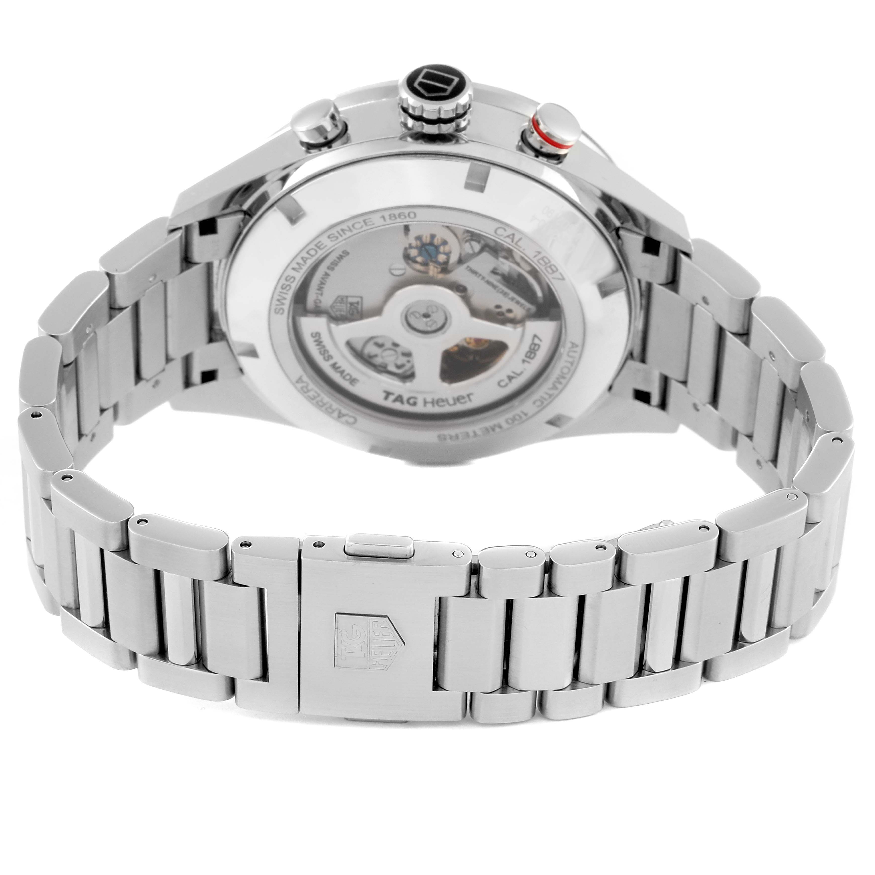 The image shows the back view of a Tag Heuer Carrera CAR2A10-2 Men's Stainless Steel Black Dial CAR2A10-2 Men's Stainless Steel Black Dial watch, highlighting its stainless steel strap and transparent case back.