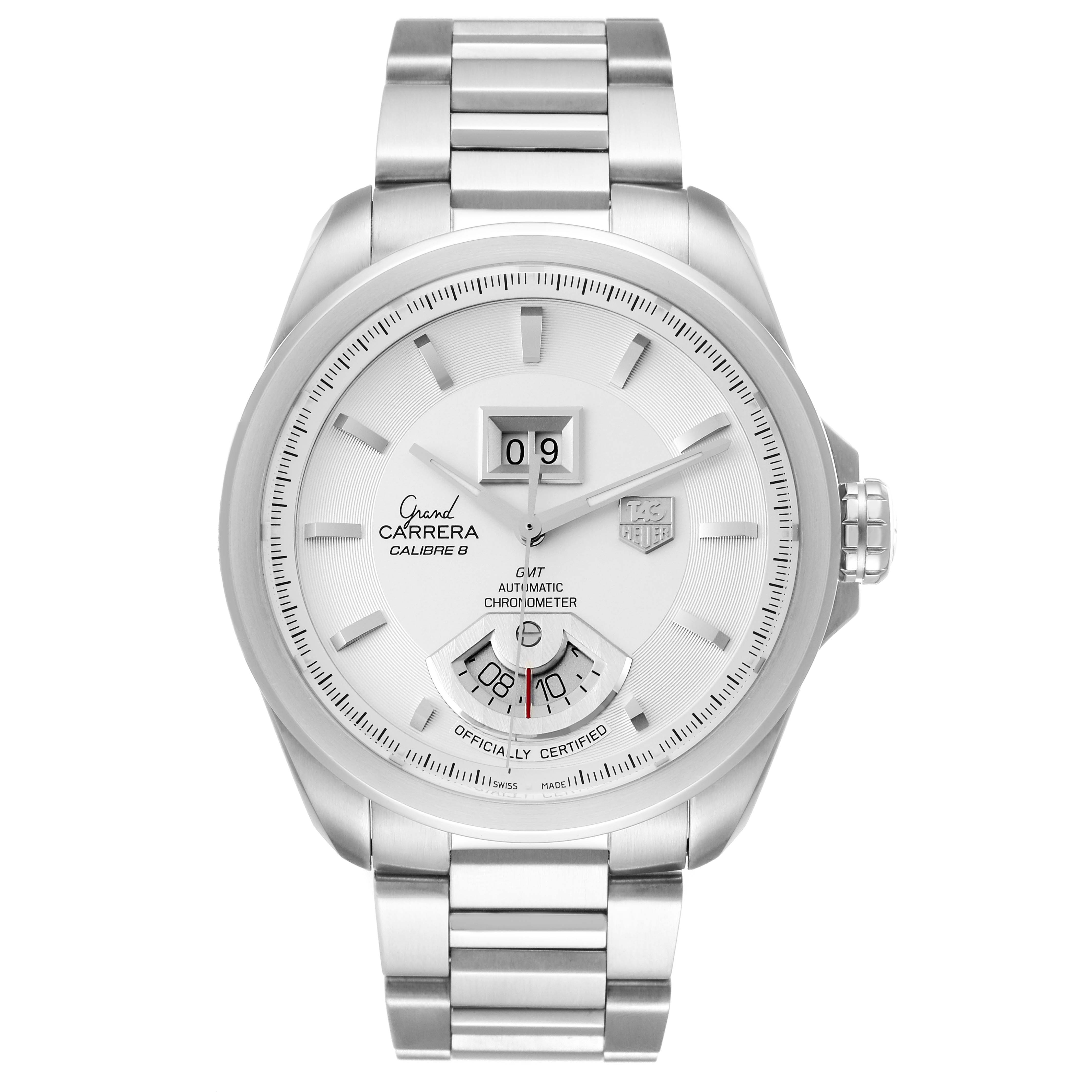 The image shows a front view of the Tag Heuer Carrera WAV5112.BA0901 Men's Stainless Steel Silver Dial WAV5112.BA0901 Men's Stainless Steel Silver Dial model watch, highlighting its face and metal bracelet.