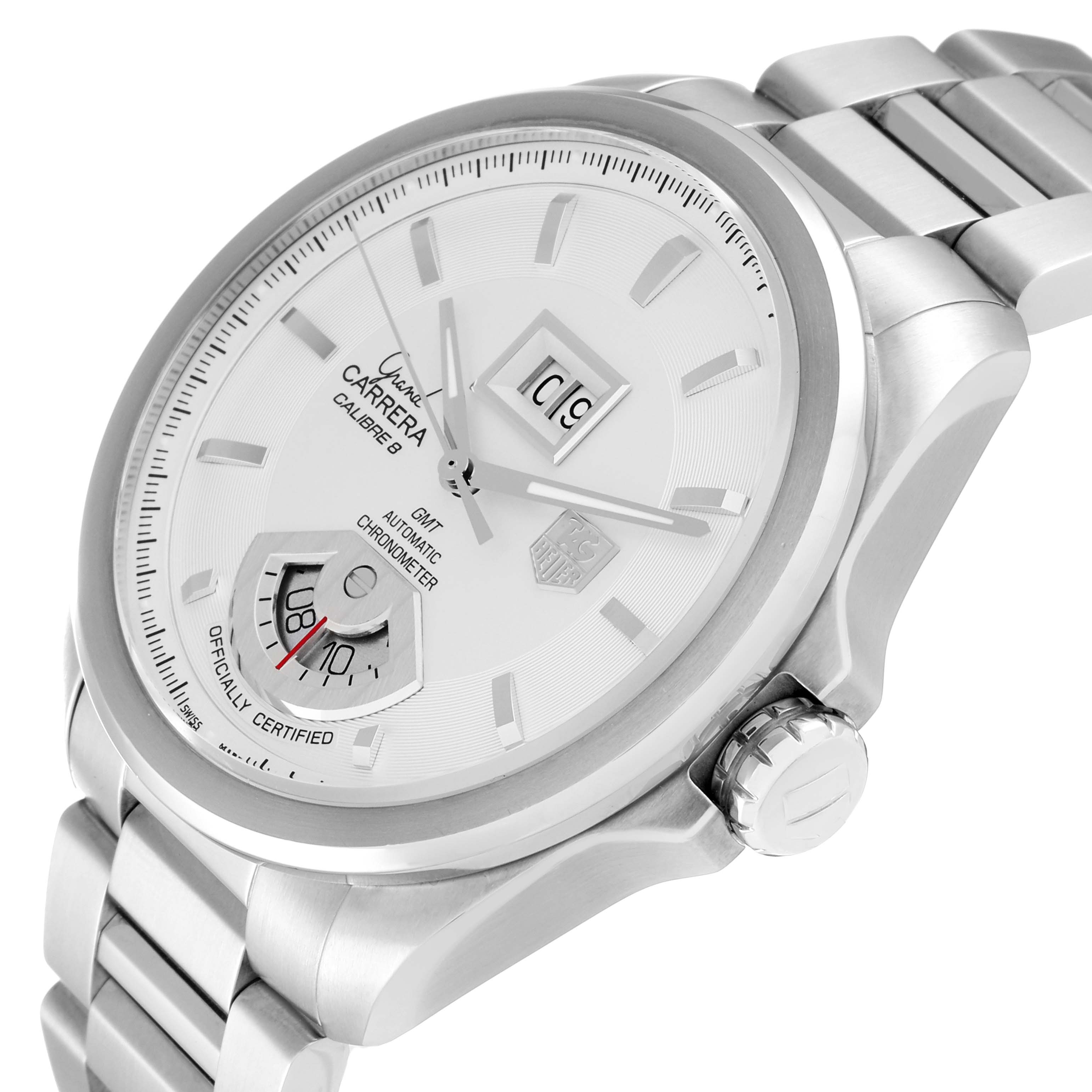 The image shows a close-up, angled view of the face and side of a Tag Heuer Carrera WAV5112.BA0901 Men's Stainless Steel Silver Dial WAV5112.BA0901 Men's Stainless Steel Silver Dial watch, highlighting its dial and bracelet.