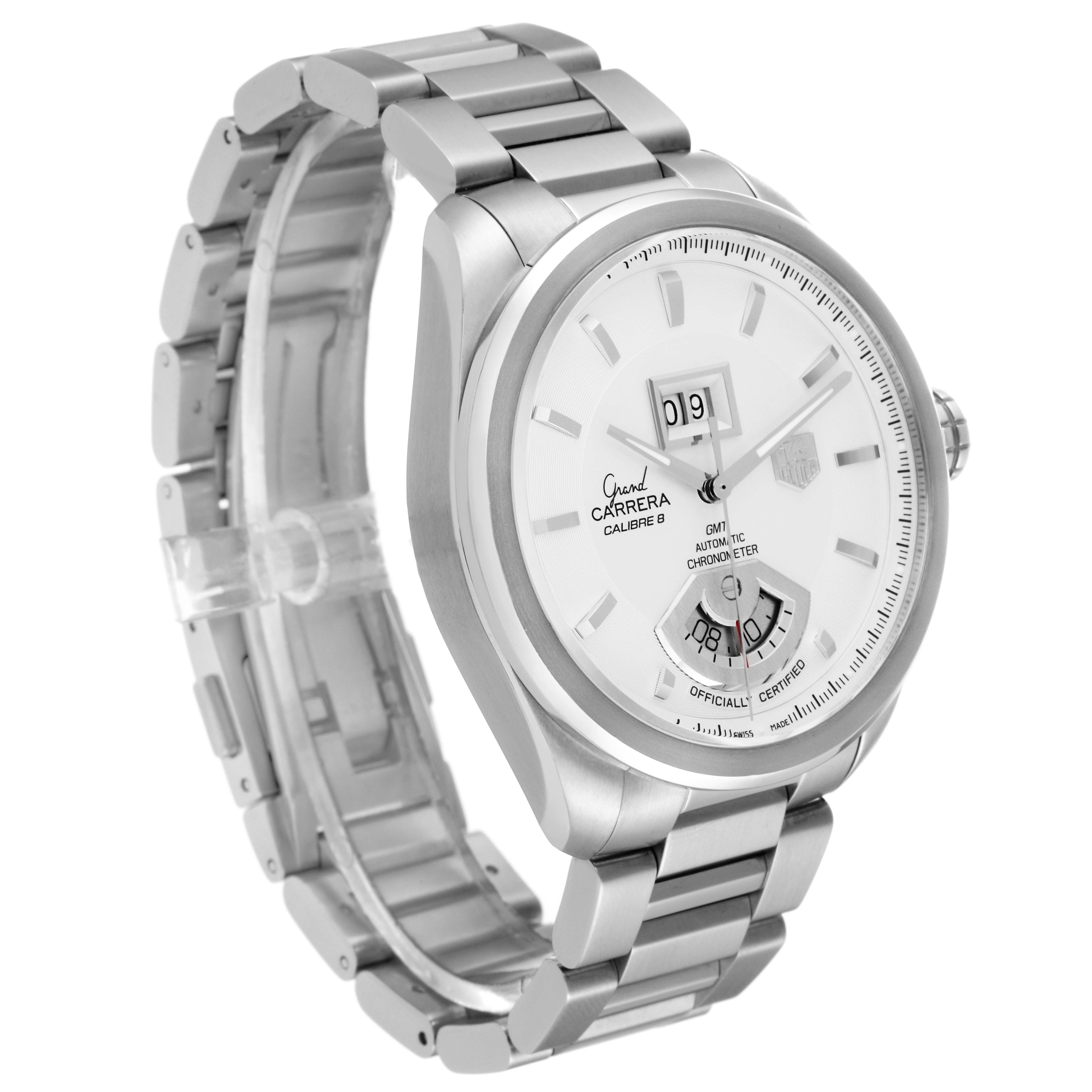 This image shows a Tag Heuer Carrera WAV5112.BA0901 Men's Stainless Steel Silver Dial WAV5112.BA0901 Men's Stainless Steel Silver Dial watch from an angled front view, highlighting its face and stainless steel bracelet.