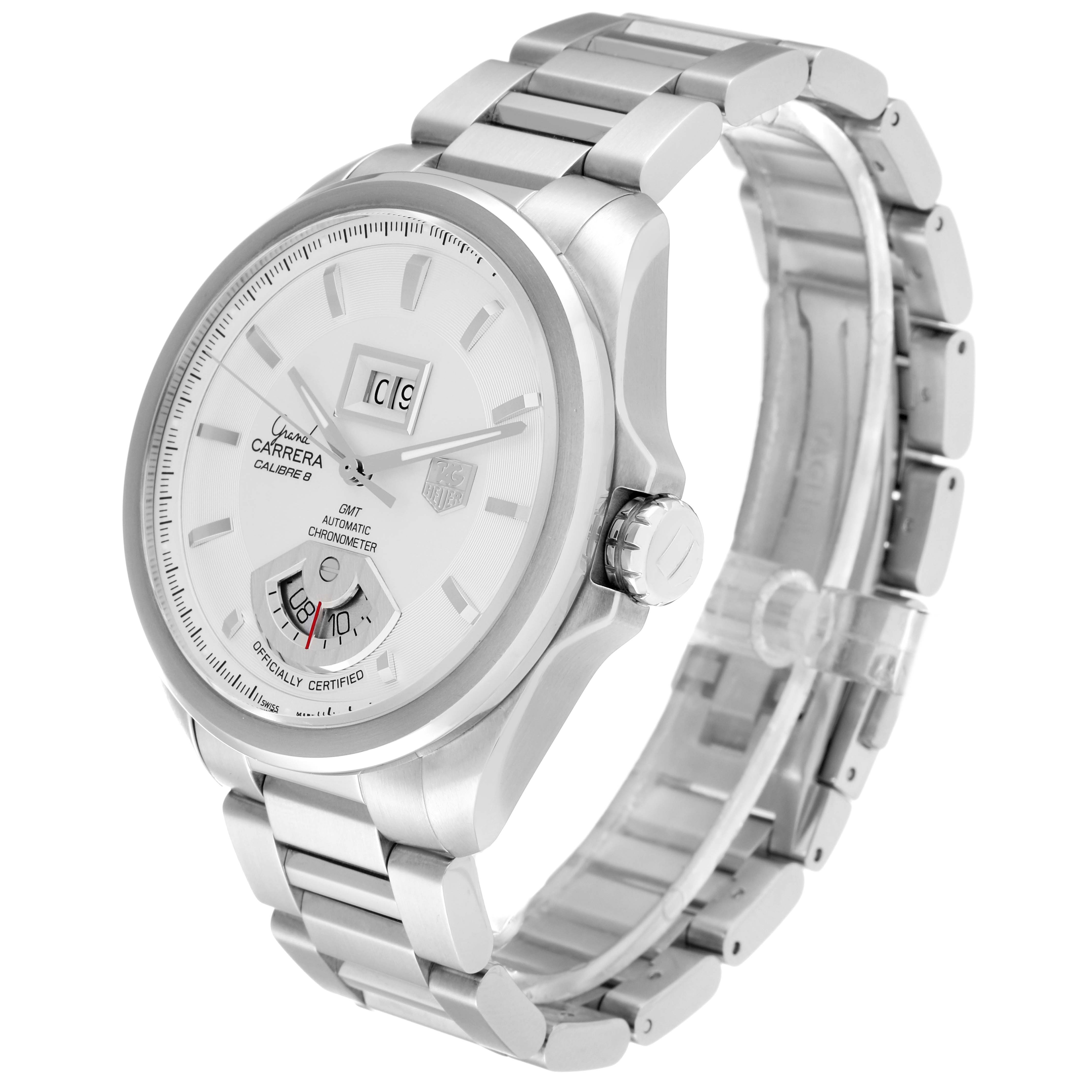 The Tag Heuer Carrera WAV5112.BA0901 Men's Stainless Steel Silver Dial WAV5112.BA0901 Men's Stainless Steel Silver Dial watch is shown from a side-angle, highlighting its face, band, and crown.
