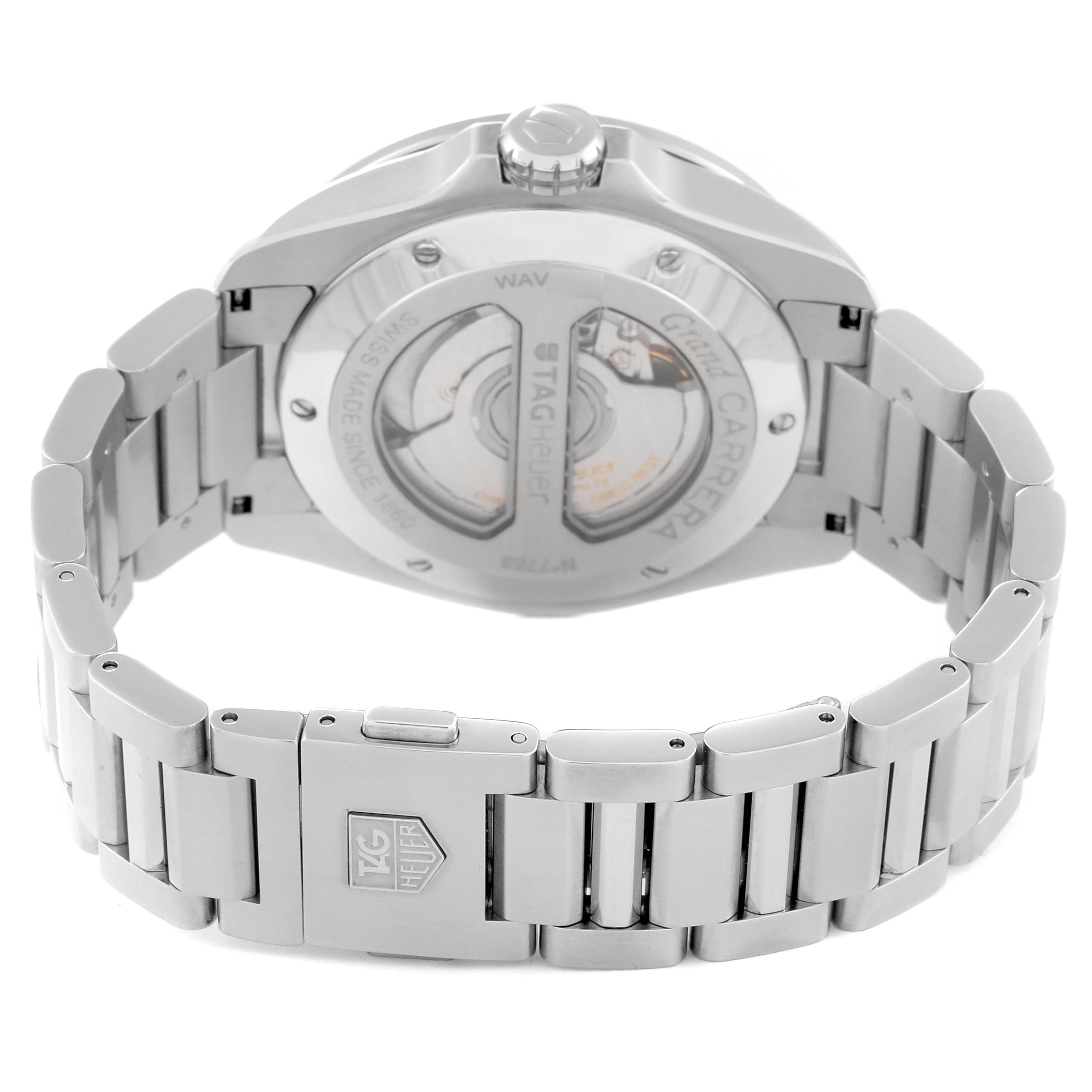 The image shows the back view of a Tag Heuer Carrera WAV5112.BA0901 Men's Stainless Steel Silver Dial WAV5112.BA0901 Men's Stainless Steel Silver Dial watch, highlighting the case back and part of the metal bracelet.