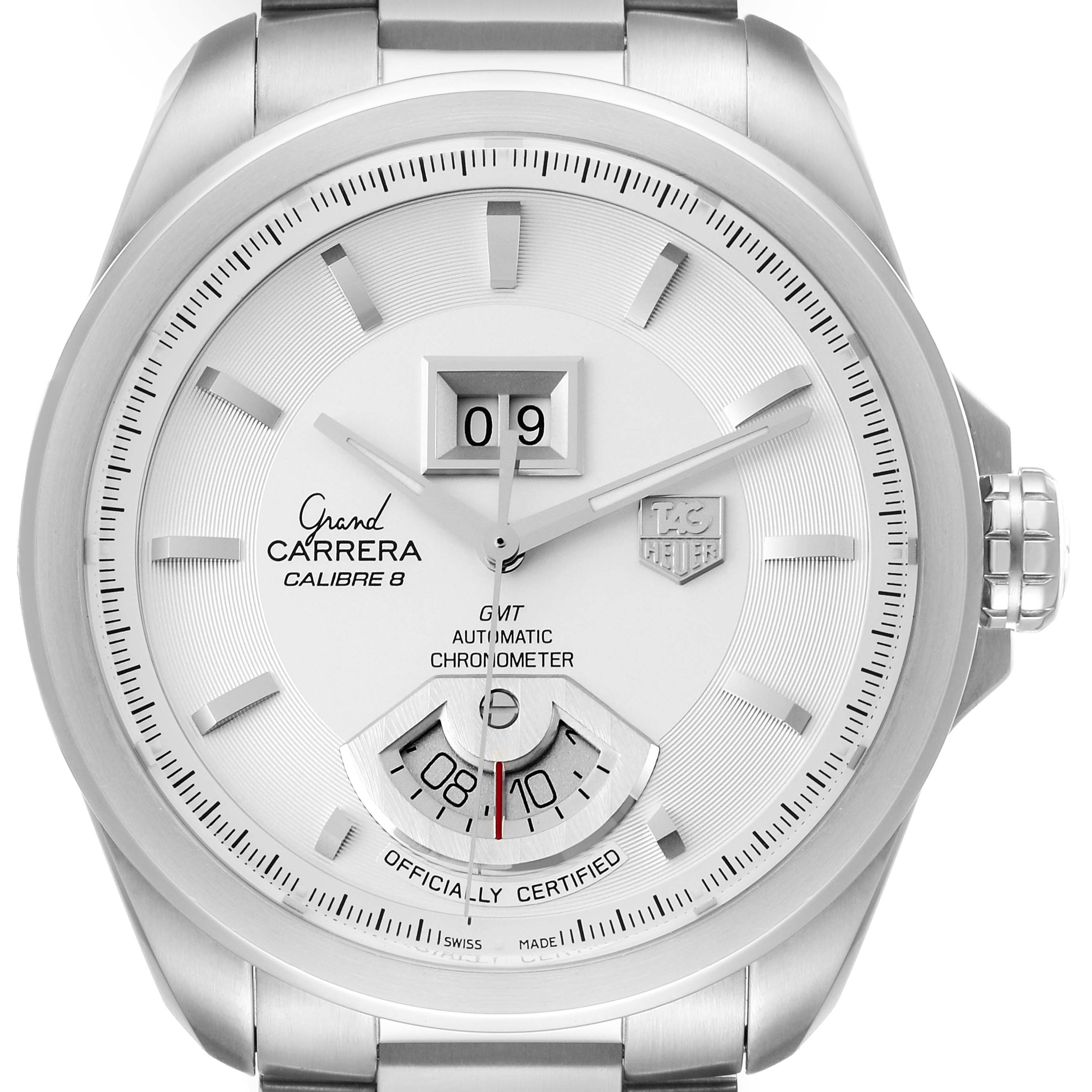 The image shows the face of a Tag Heuer Carrera WAV5112.BA0901 Men's Stainless Steel Silver Dial WAV5112.BA0901 Men's Stainless Steel Silver Dial watch, highlighting the dial, date window, brand logo, and watch hands.