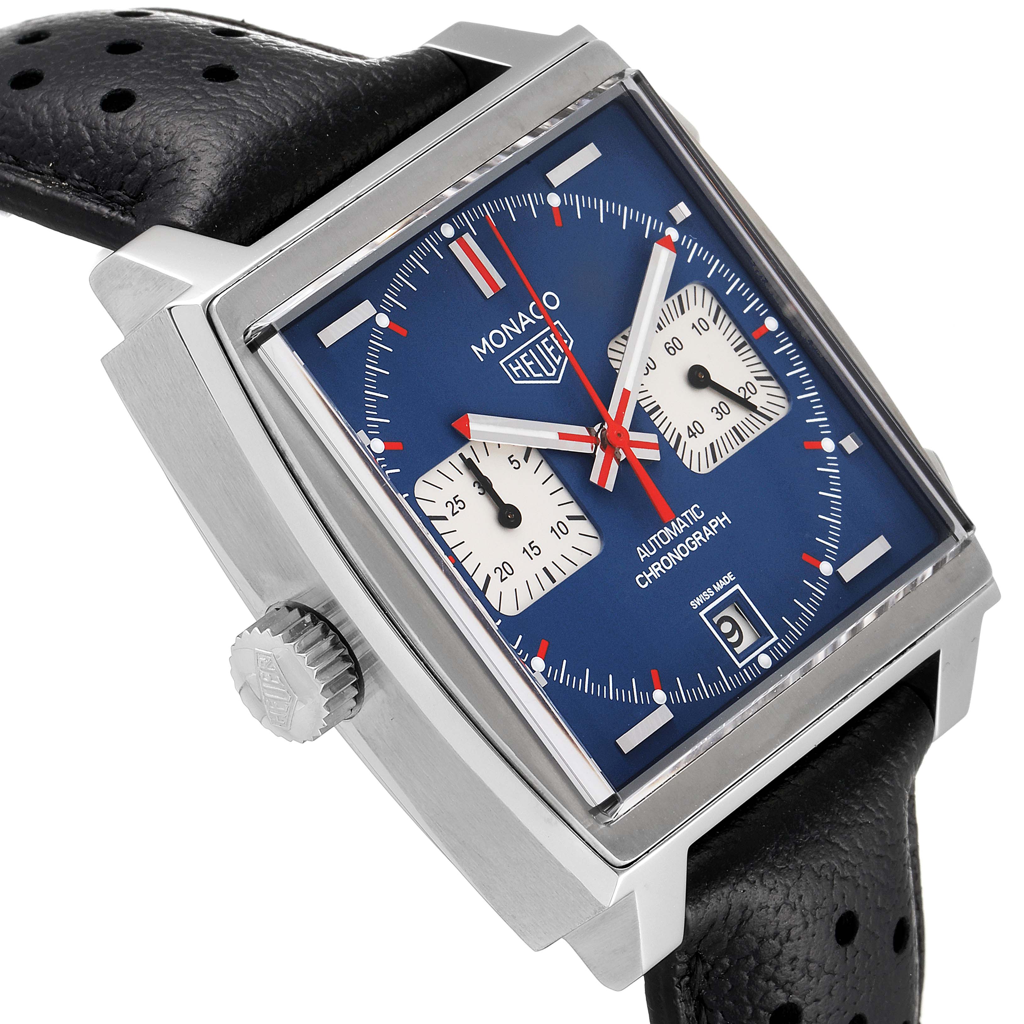 This Tag Heuer Monaco CAW211P Men's Stainless Steel Blue Dial CAW211P Men's Stainless Steel Blue Dial watch is shown at an angle highlighting the dial, crown, and part of the strap.
