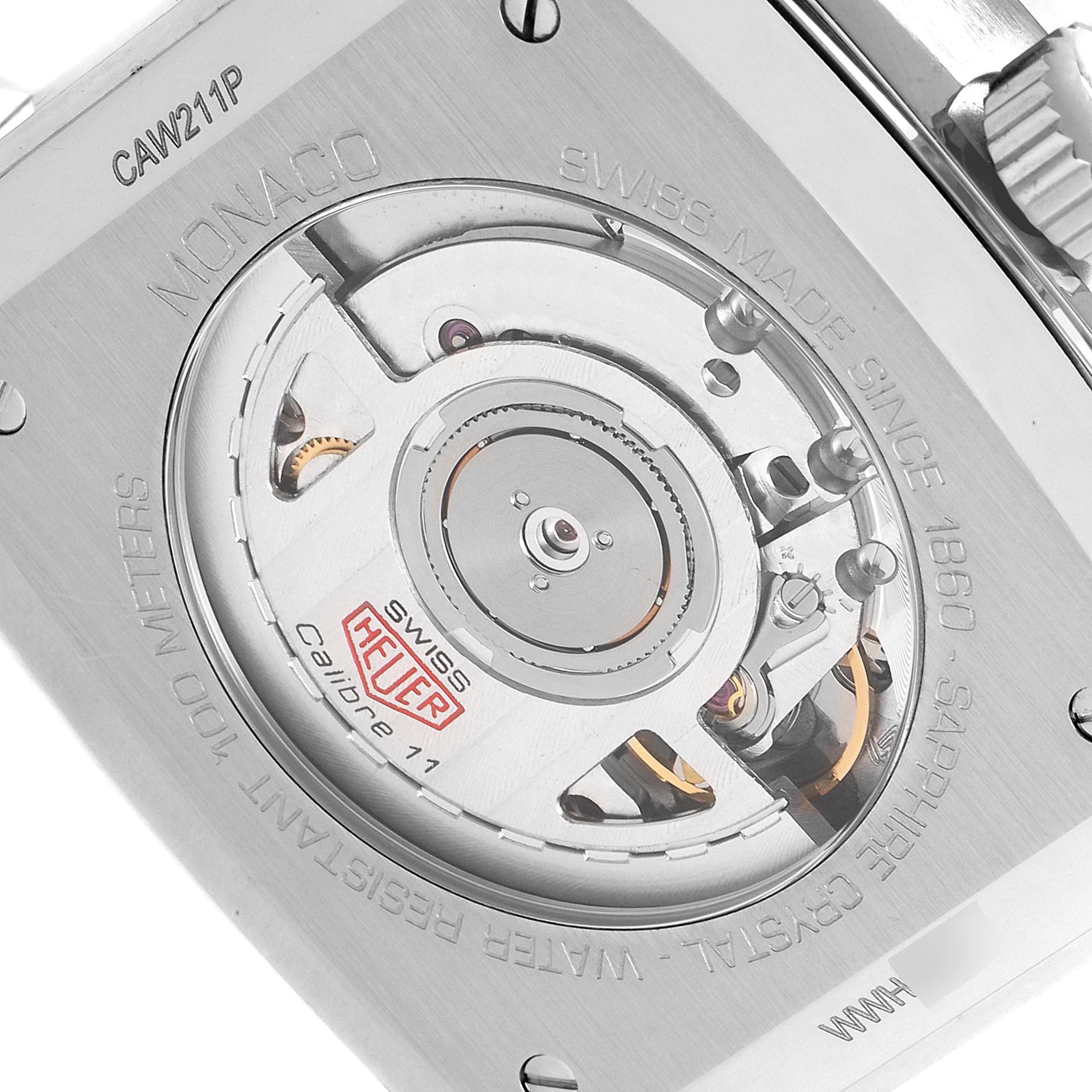 The image shows the back of a Tag Heuer Monaco CAW211P Men's Stainless Steel Blue Dial CAW211P Men's Stainless Steel Blue Dial watch, highlighting the movement and internal components.