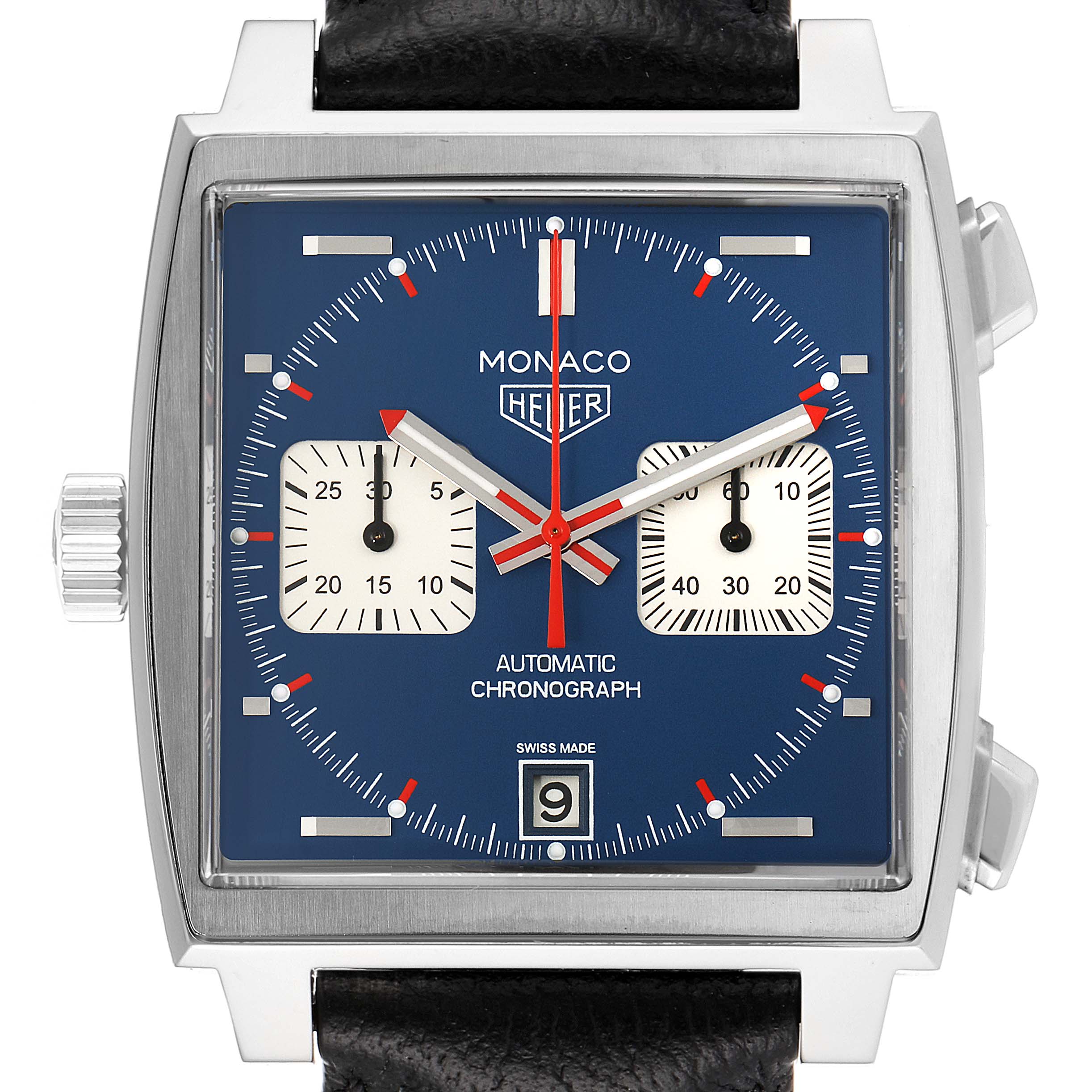 The image shows a front view of the Tag Heuer Monaco CAW211P Men's Stainless Steel Blue Dial CAW211P Men's Stainless Steel Blue Dial model watch, featuring a blue dial, square subdials, a date window, and a black leather strap.