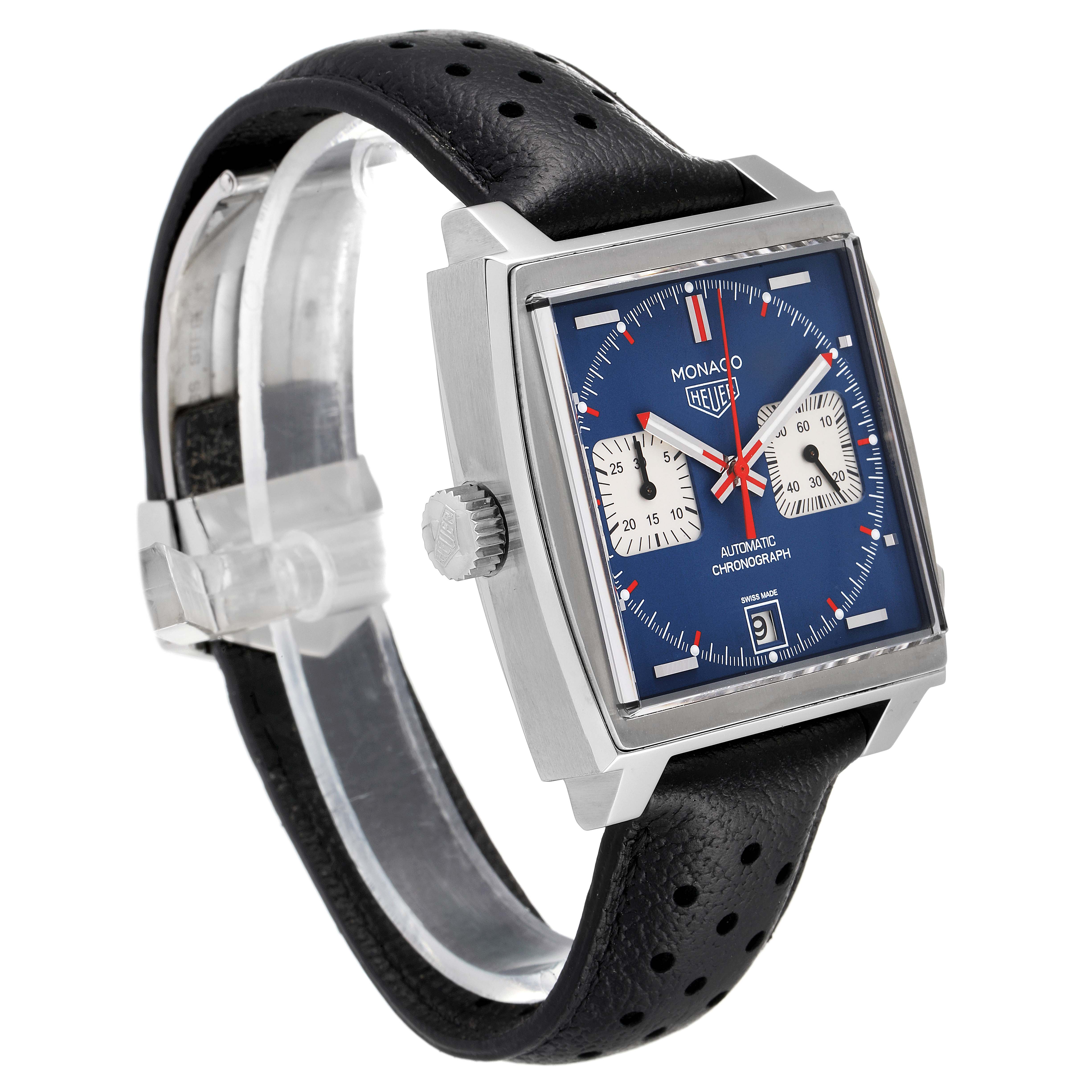 The Tag Heuer Monaco CAW211P Men's Stainless Steel Blue Dial CAW211P Men's Stainless Steel Blue Dial watch is shown at a three-quarter angle, displaying the face, crown, and leather strap.