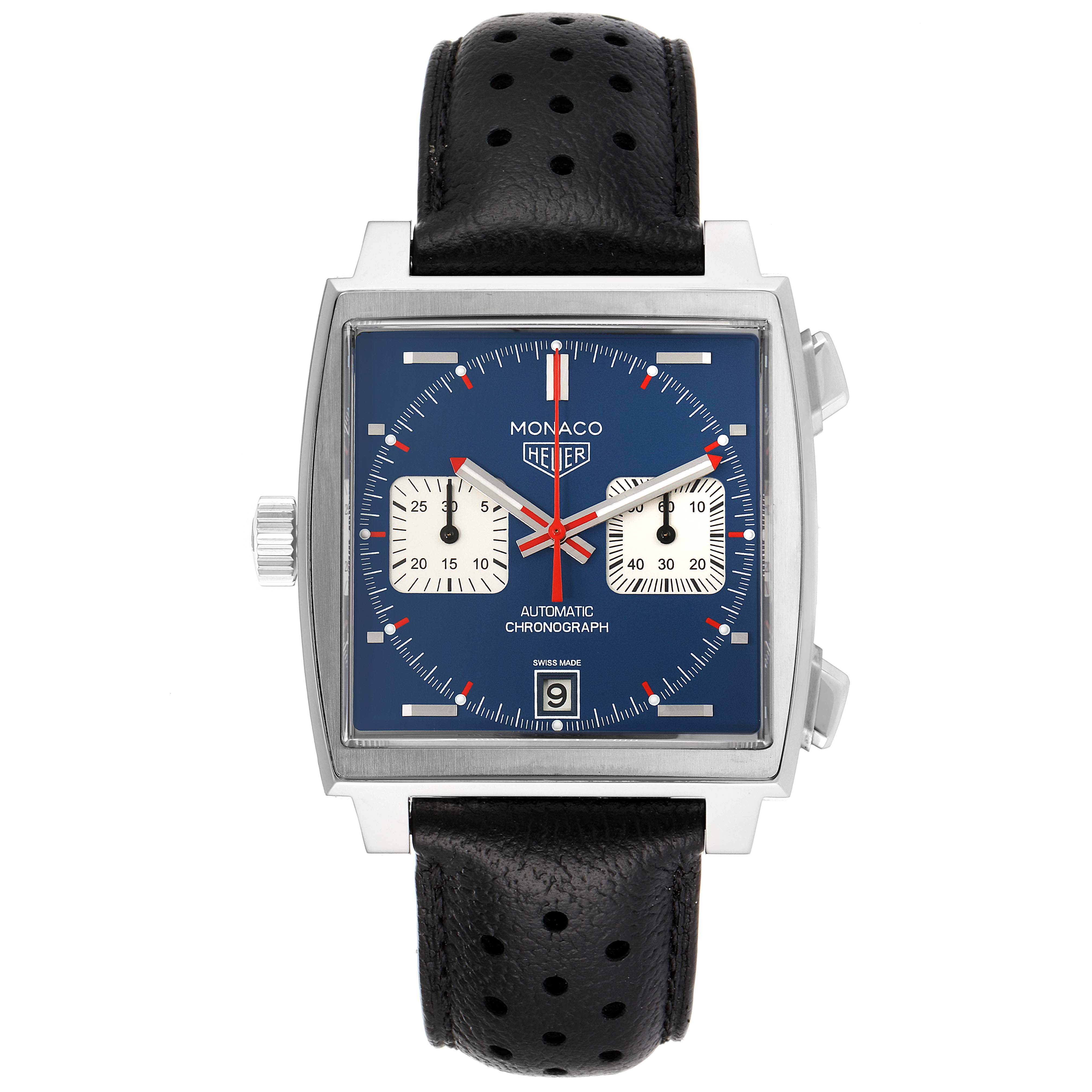 The image shows a front view of a Tag Heuer Monaco CAW211P Men's Stainless Steel Blue Dial CAW211P Men's Stainless Steel Blue Dial watch, displaying the dial, case, and strap.