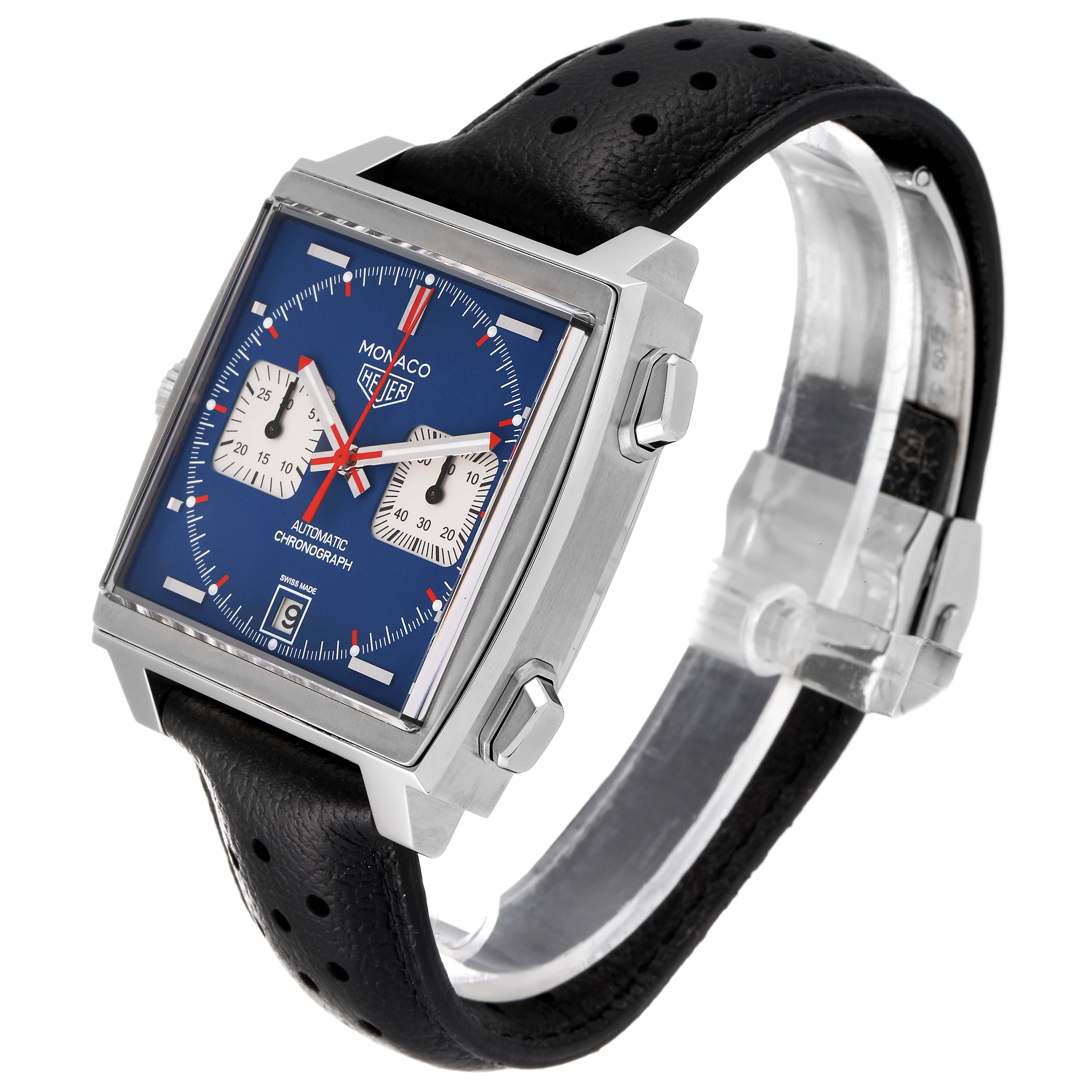 The image shows a side and front angle view of the Tag Heuer Monaco CAW211P Men's Stainless Steel Blue Dial CAW211P Men's Stainless Steel Blue Dial watch, highlighting the case, dial, and strap.
