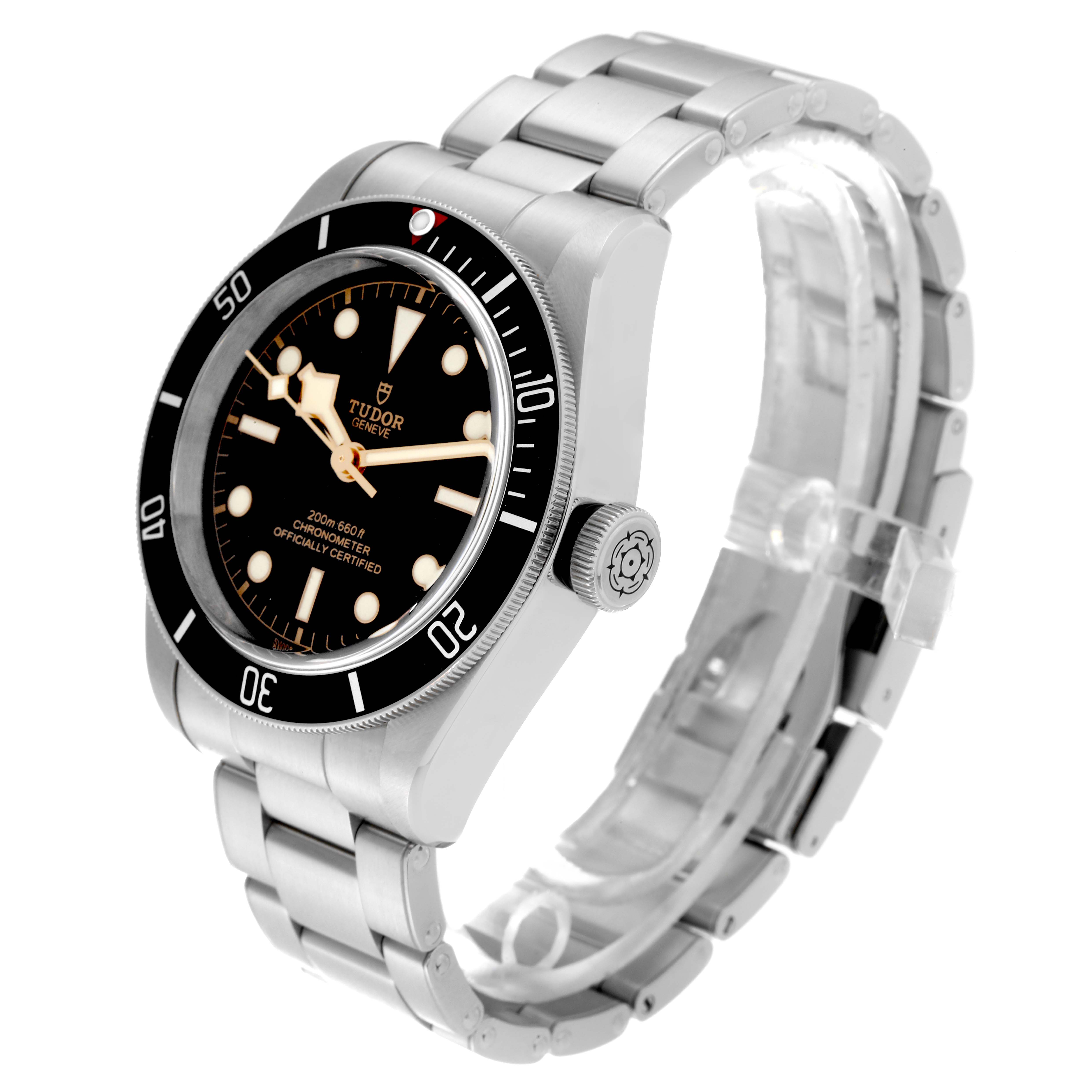 The Tudor Heritage Black Bay 79230N Men
s Stainless Steel Black Dial 79230N Men
s Stainless Steel Black Dial watch is shown at an angled side view displaying the dial, bezel, crown, and bracelet.