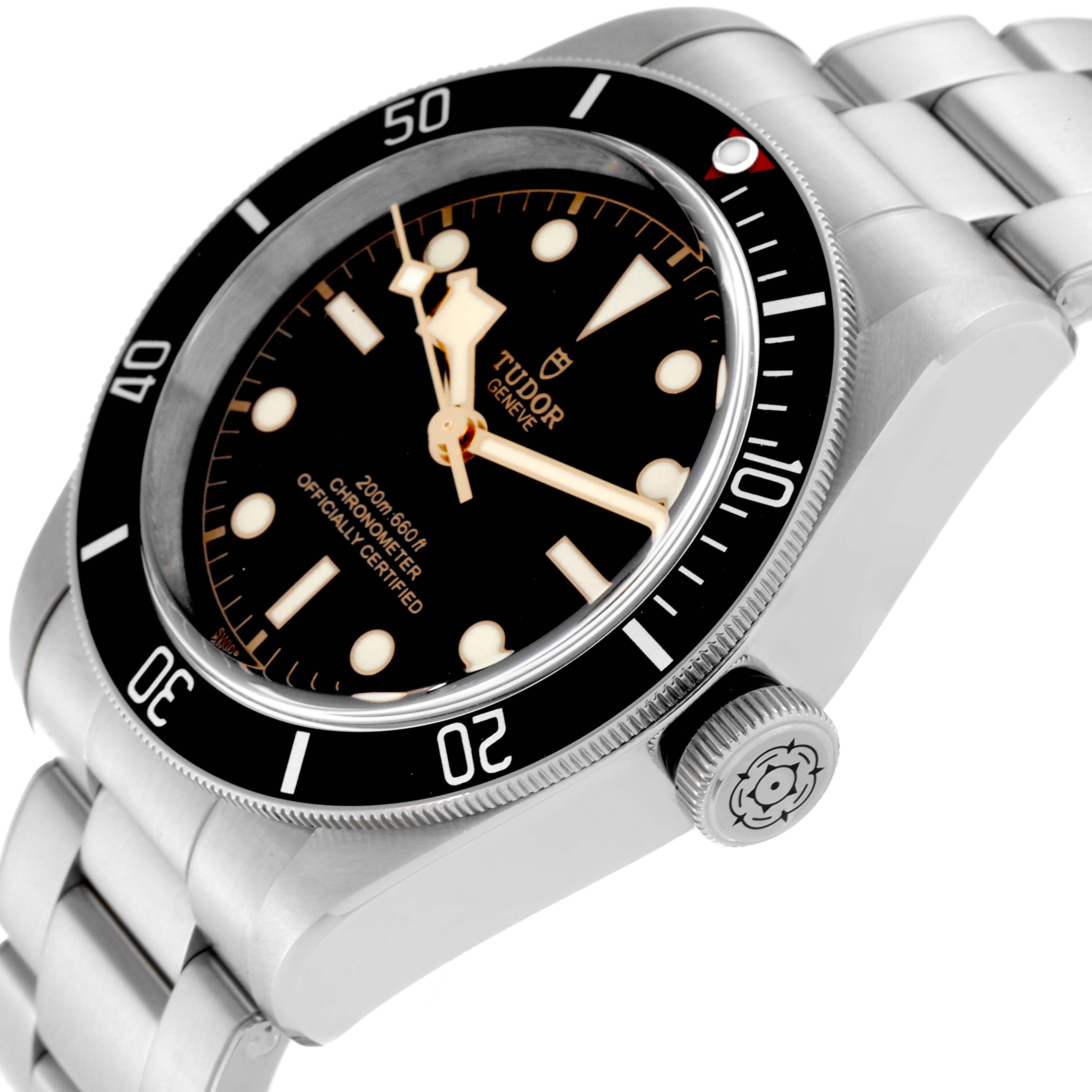The image shows a close-up angle of the Tudor Heritage Black Bay 79230N Men
s Stainless Steel Black Dial 79230N Men
s Stainless Steel Black Dial watch, highlighting its dial, bezel, and side view with a crown.