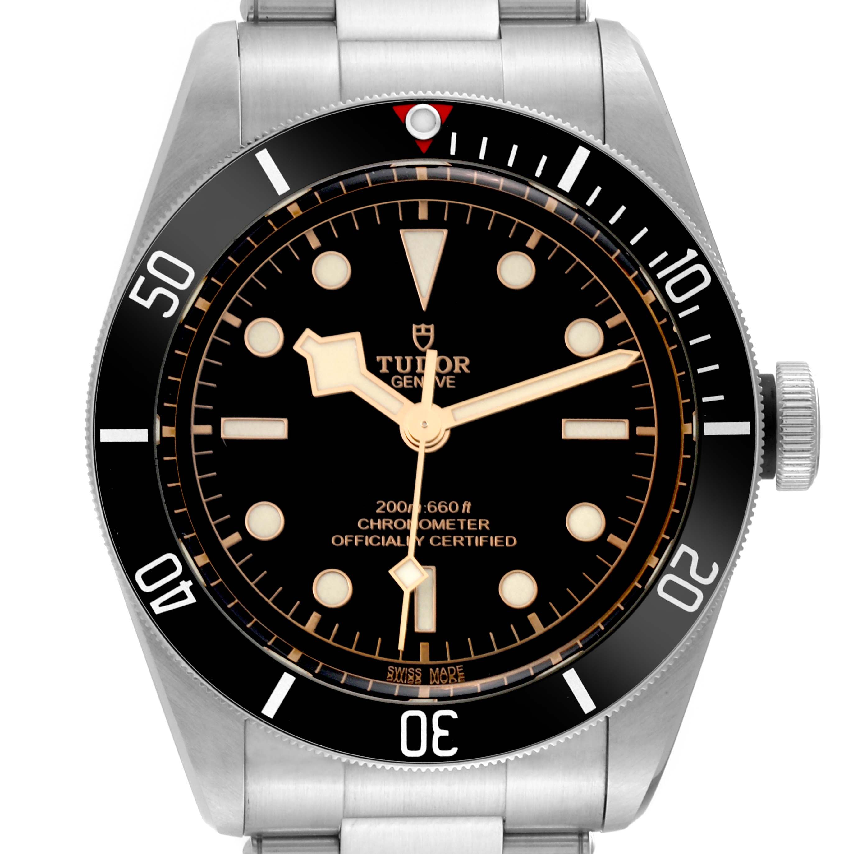 The image shows a front view of the Tudor Heritage Black Bay 79230N Men
s Stainless Steel Black Dial 79230N Men
s Stainless Steel Black Dial watch, displaying its black bezel, dial, hands, and bracelet.