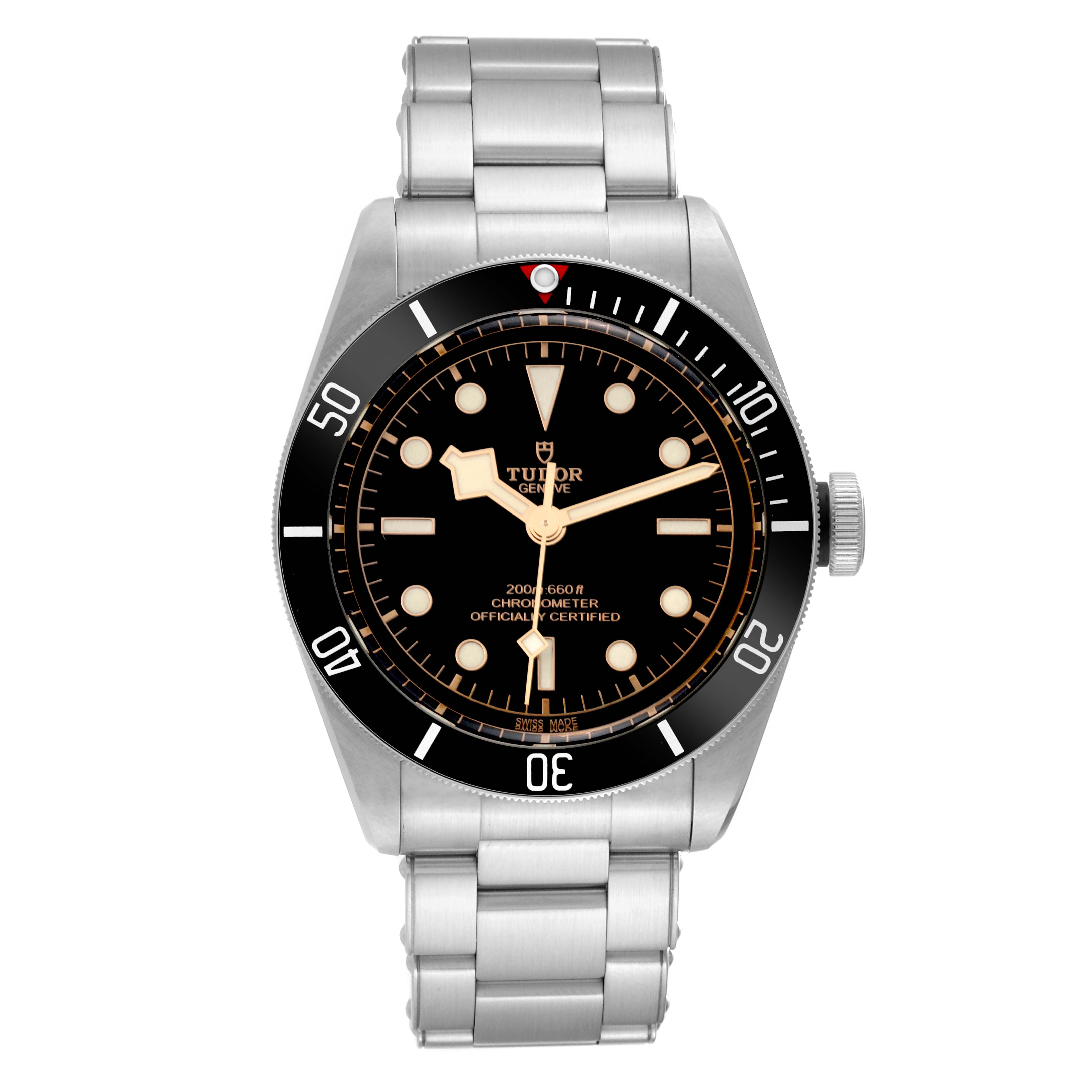 The Tudor Heritage Black Bay 79230N Men
s Stainless Steel Black Dial 79230N Men
s Stainless Steel Black Dial watch is shown from a front angle displaying the face, bezel, and stainless steel bracelet.