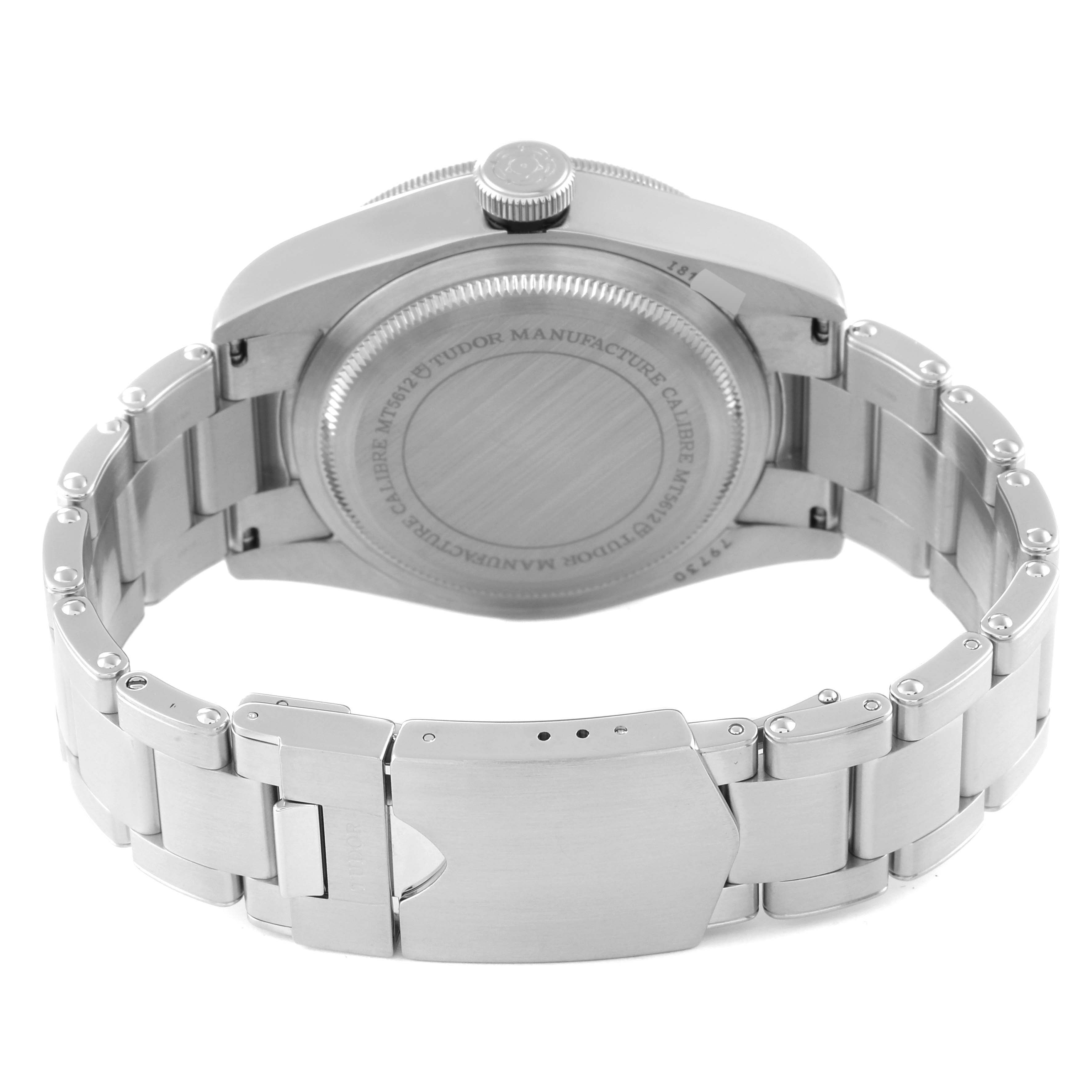 The image shows the back case and bracelet of a Tudor Heritage Black Bay 79730 Men
s Stainless Steel Black Dial 79730 Men
s Stainless Steel Black Dial watch.