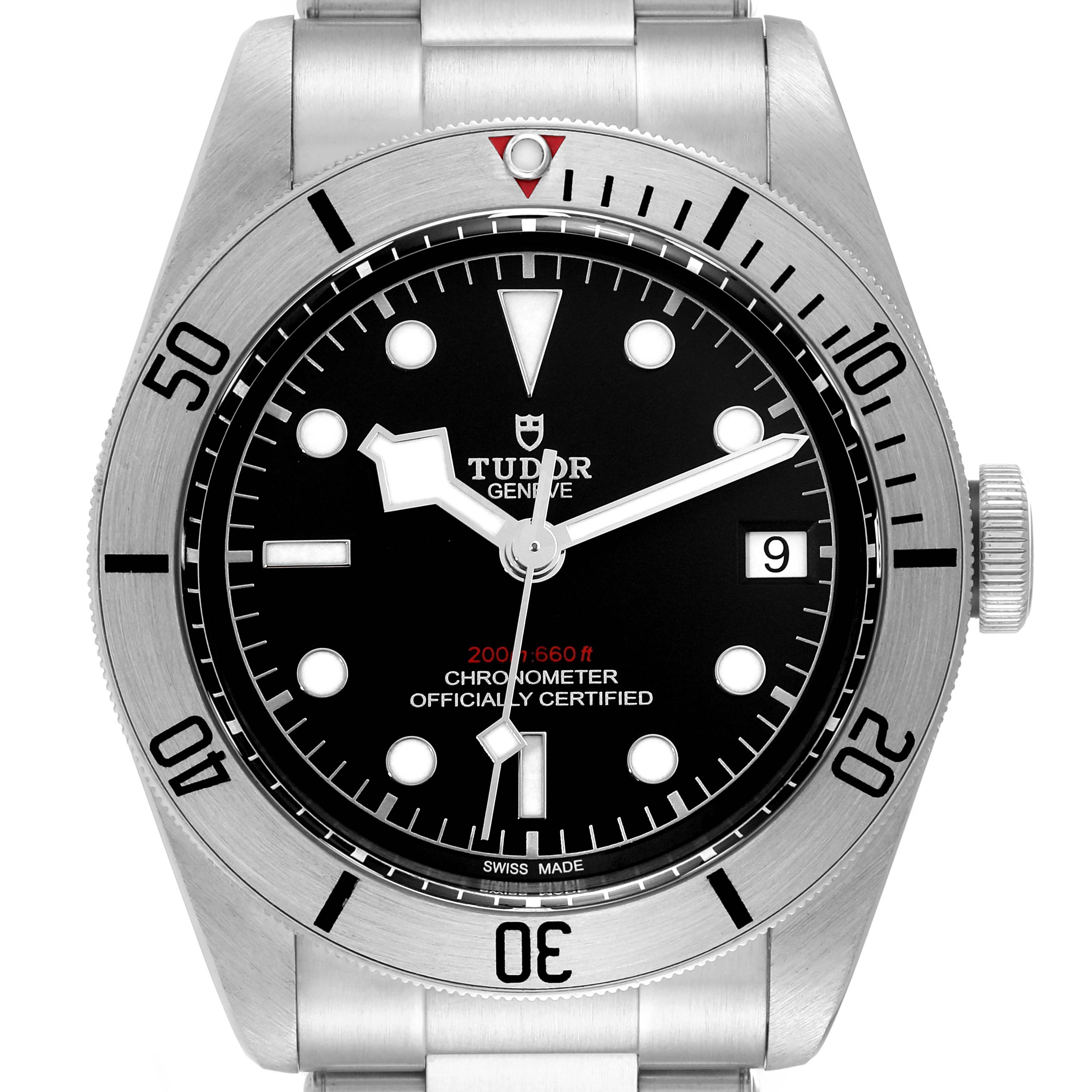 The image shows a front view of the Tudor Heritage Black Bay 79730 Men
s Stainless Steel Black Dial 79730 Men
s Stainless Steel Black Dial watch, highlighting its dial, bezel, and crown.