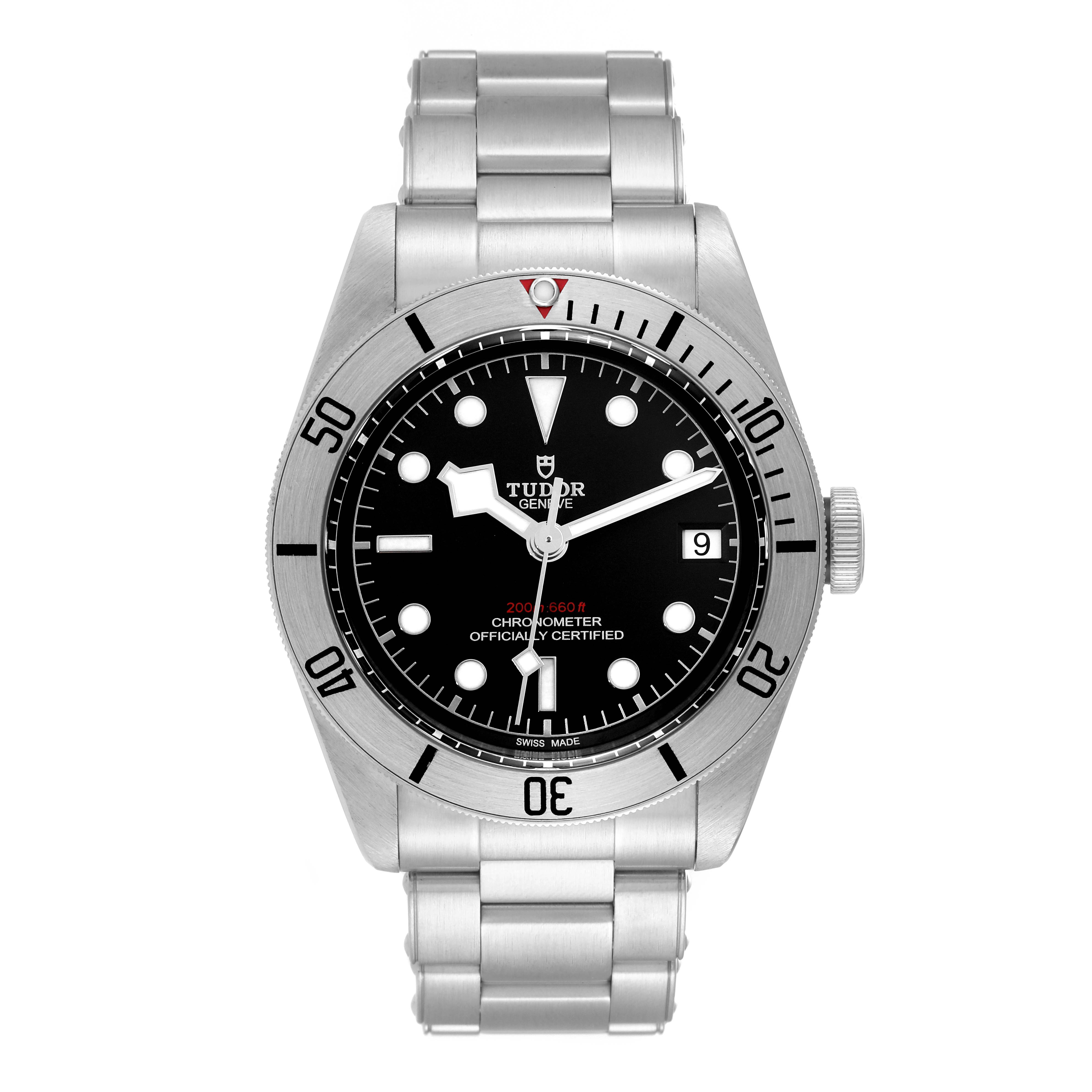 This image shows a direct front view of the Tudor Heritage Black Bay 79730 Men
s Stainless Steel Black Dial 79730 Men
s Stainless Steel Black Dial watch, displaying its dial, bezel, and metal bracelet.