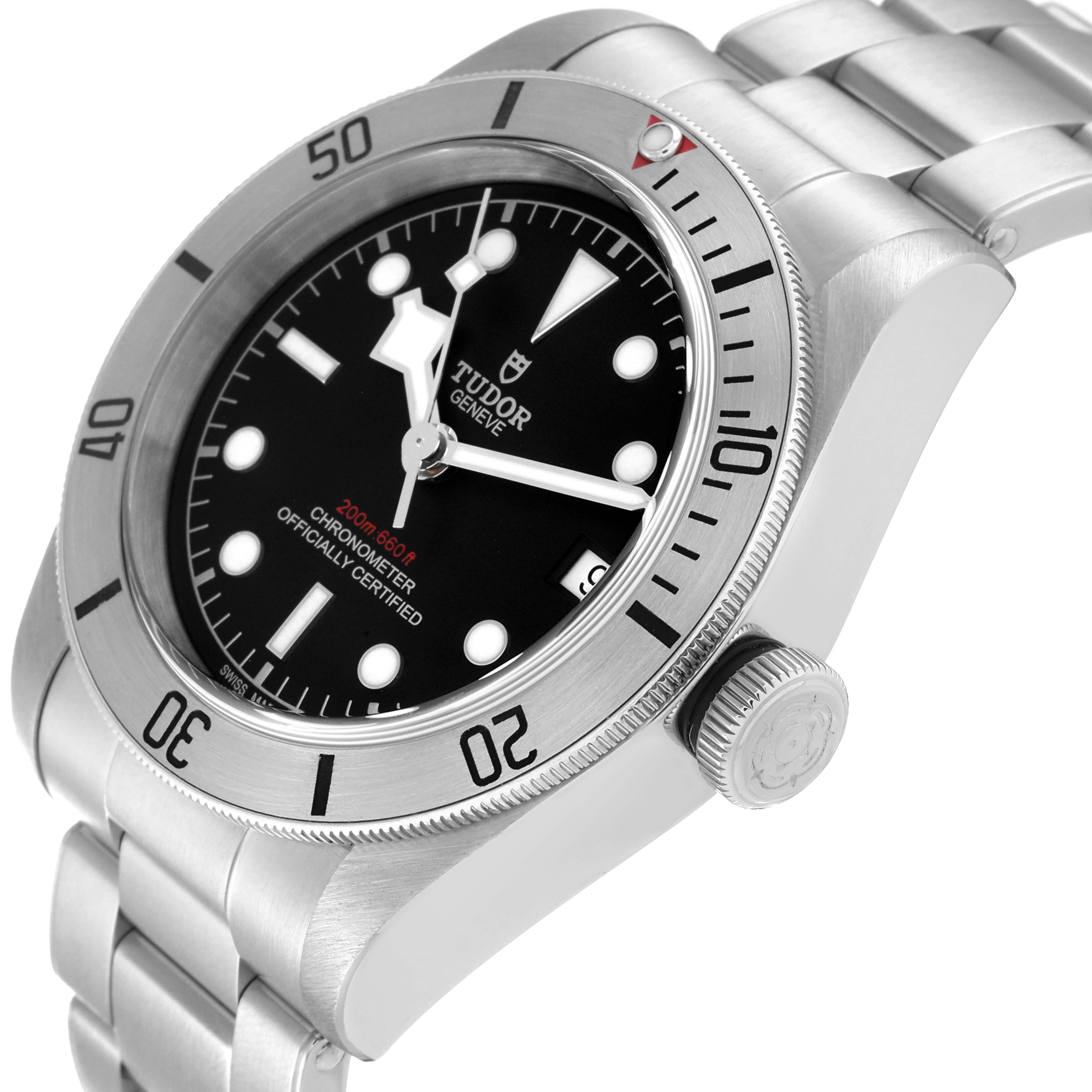 This image shows a close-up, angled view of the Tudor Heritage Black Bay 79730 Men
s Stainless Steel Black Dial 79730 Men
s Stainless Steel Black Dial watch, highlighting the dial, bezel, and bracelet.
