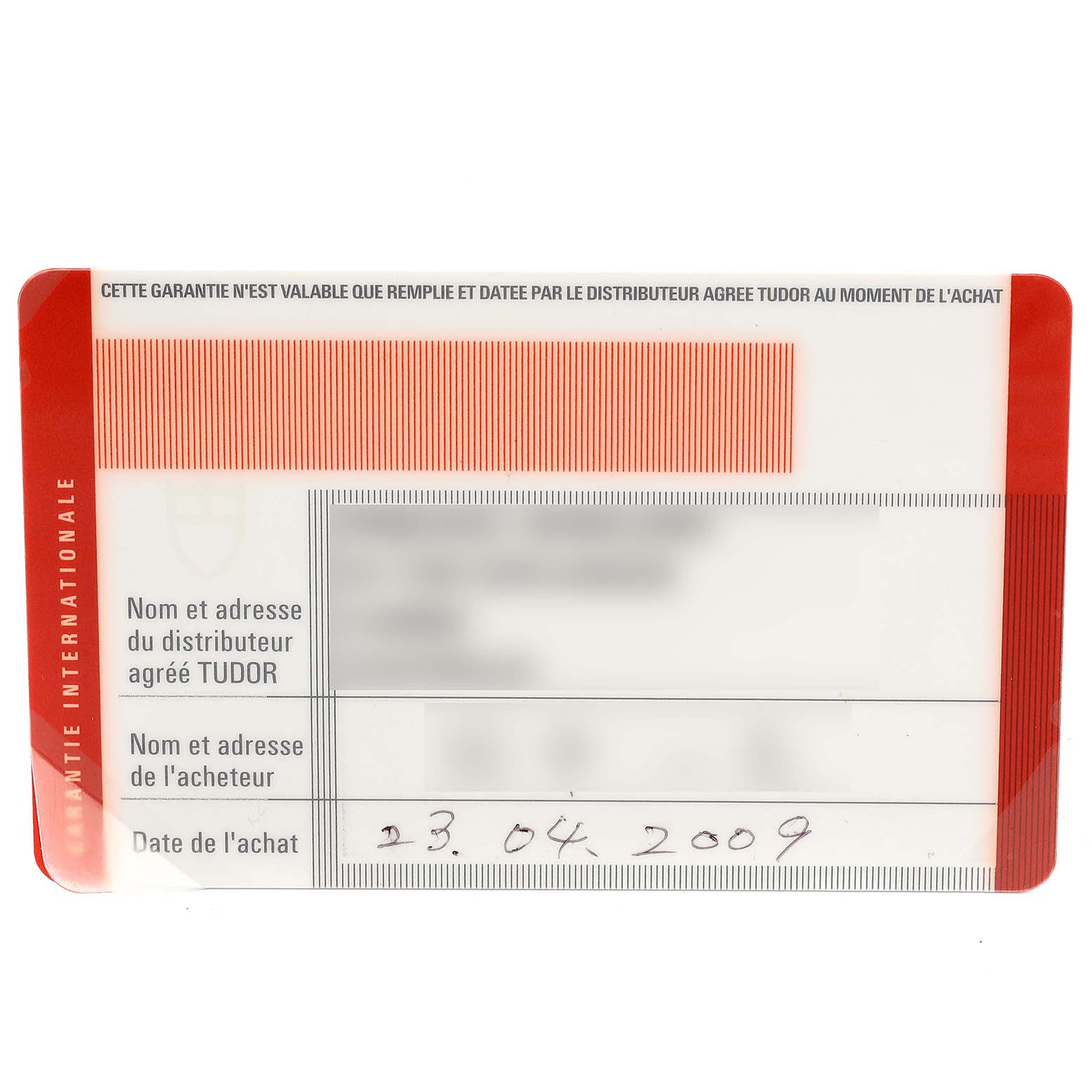 This image shows the warranty card for the Tudor Sport Chronograph 20300 Men's Stainless Steel Grey Dial 20300 Men's Stainless Steel Grey Dial model, displaying purchase details and dealer information.