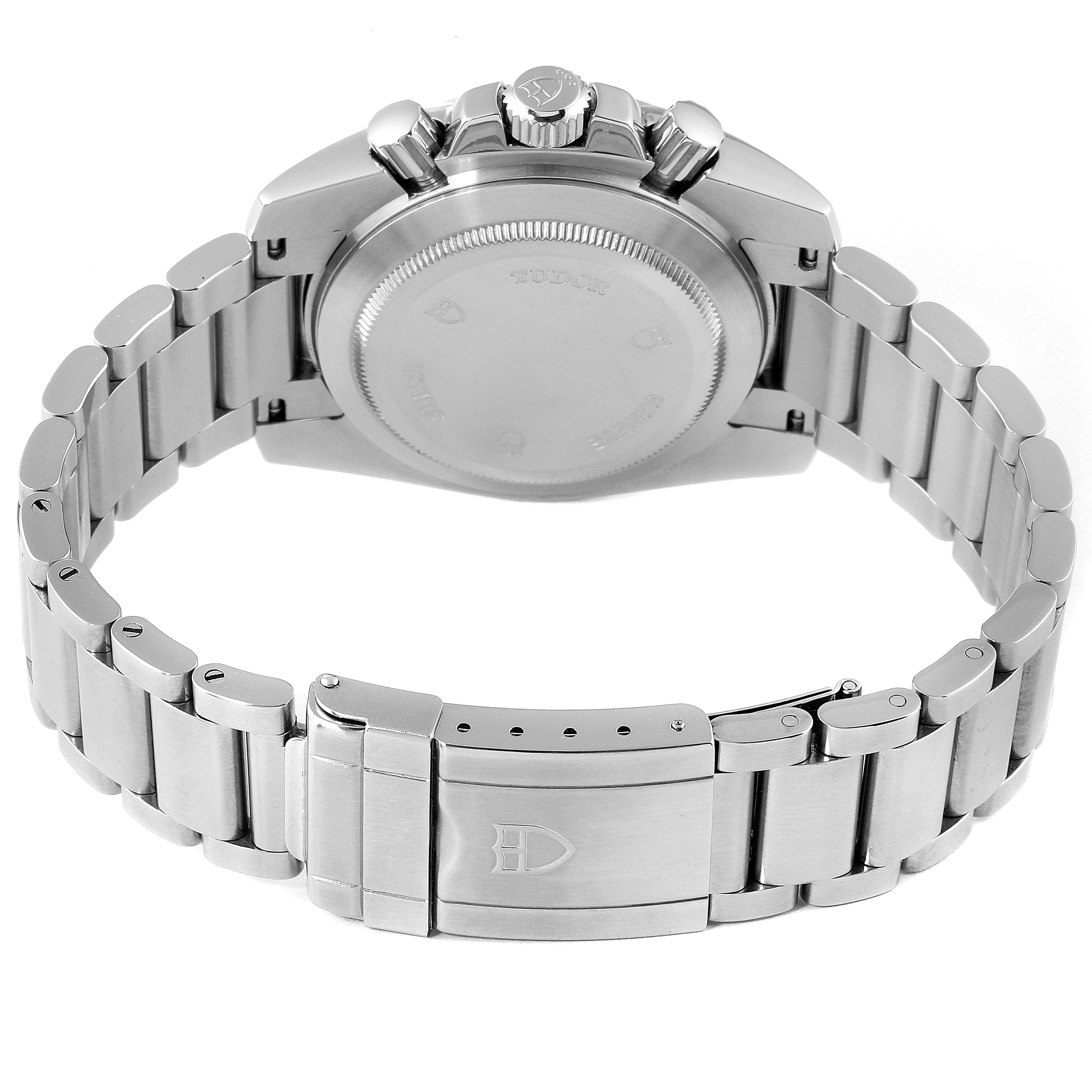 This image shows the back case, bracelet, and clasp of the Tudor Sport Chronograph 20300 Men's Stainless Steel Grey Dial 20300 Men's Stainless Steel Grey Dial watch from a rear angle.