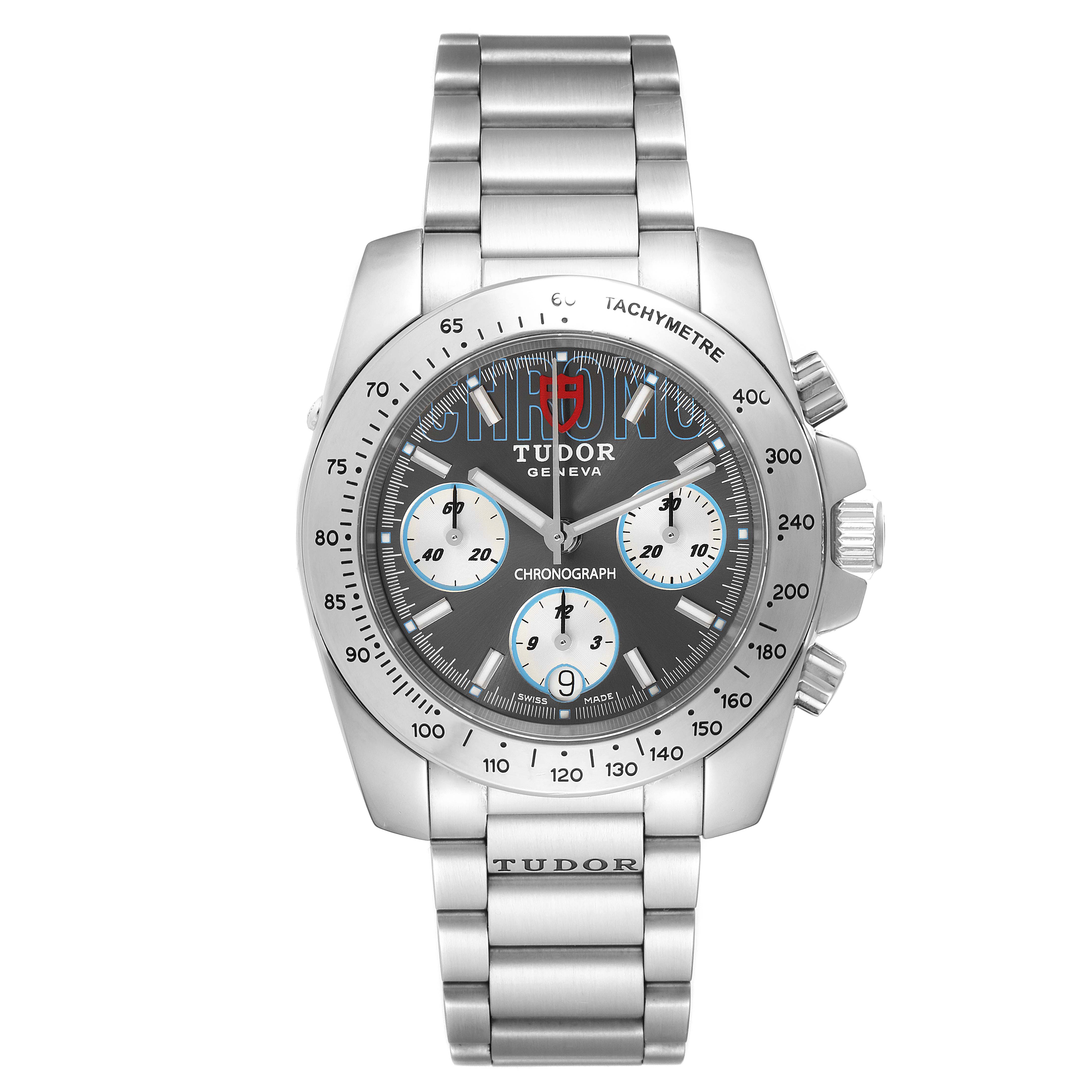 This image shows a front view of the Tudor Sport Chronograph 20300 Men's Stainless Steel Grey Dial 20300 Men's Stainless Steel Grey Dial watch, displaying the dial, bezel, and bracelet.