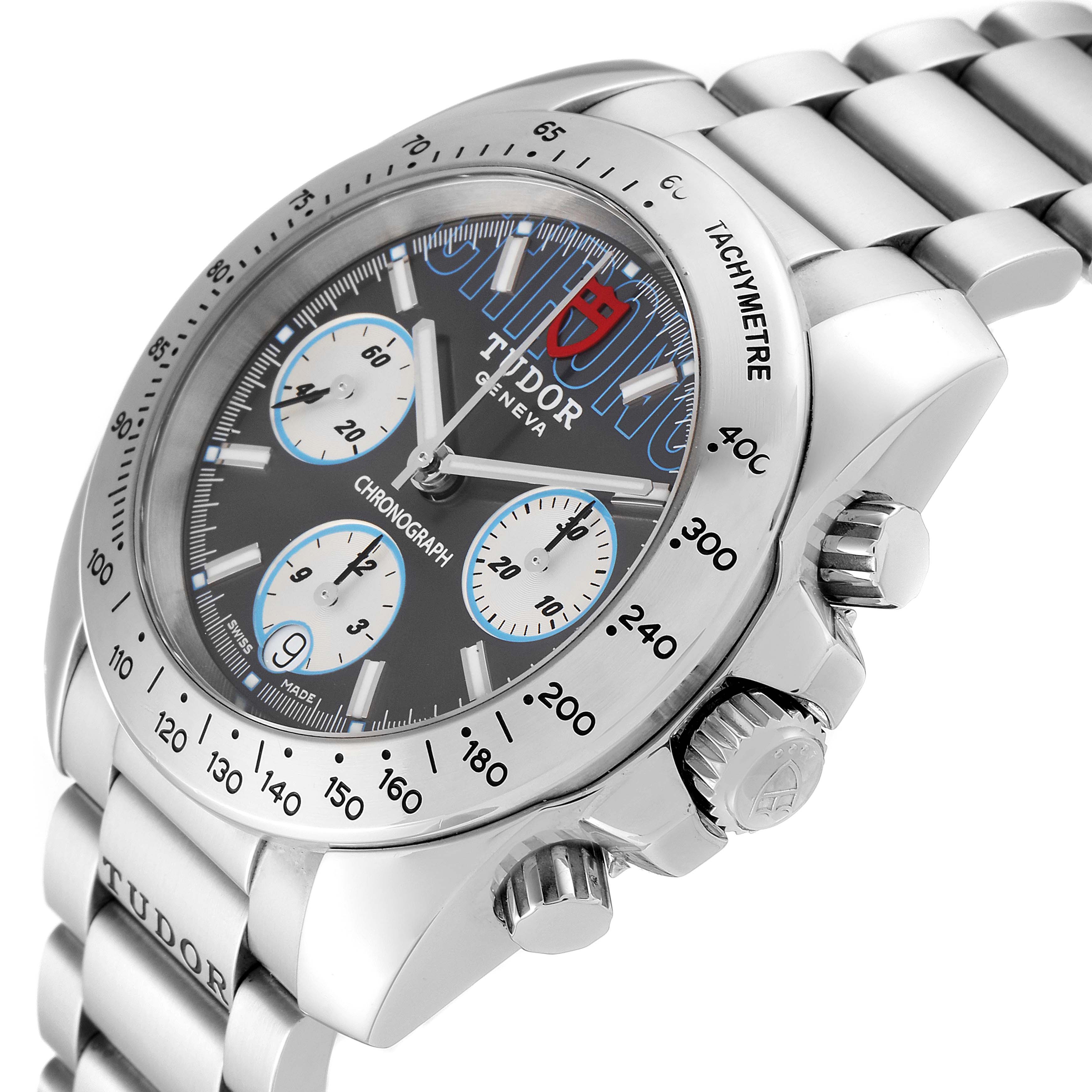 The Tudor Sport Chronograph 20300 Men's Stainless Steel Grey Dial 20300 Men's Stainless Steel Grey Dial watch is shown at an angle revealing the face, bezel, pushers, crown, and part of the metal bracelet.