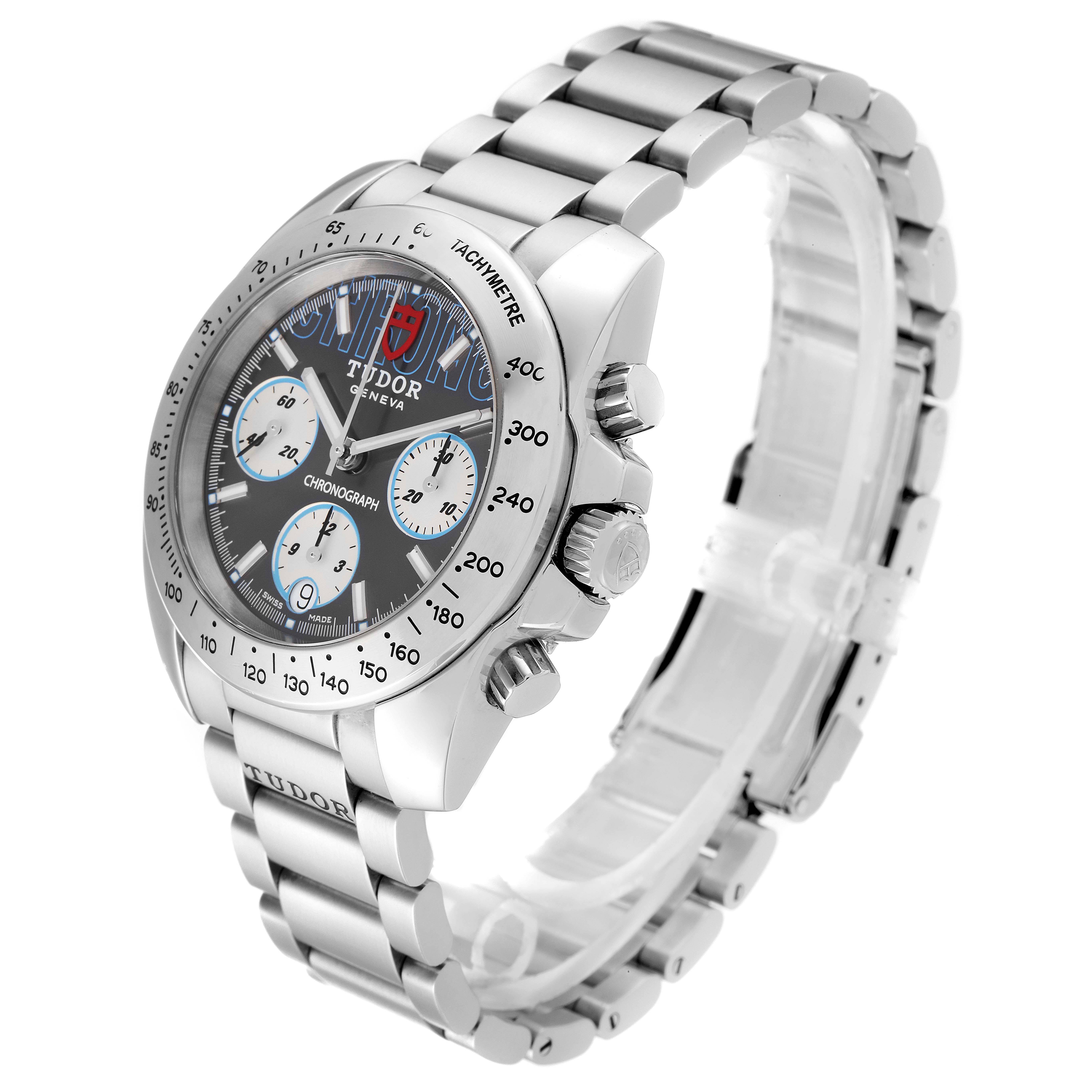 The Tudor Sport Chronograph 20300 Men's Stainless Steel Grey Dial 20300 Men's Stainless Steel Grey Dial watch is shown at a three-quarter angle, displaying its face, bezel, pushers, crown, and metal bracelet.