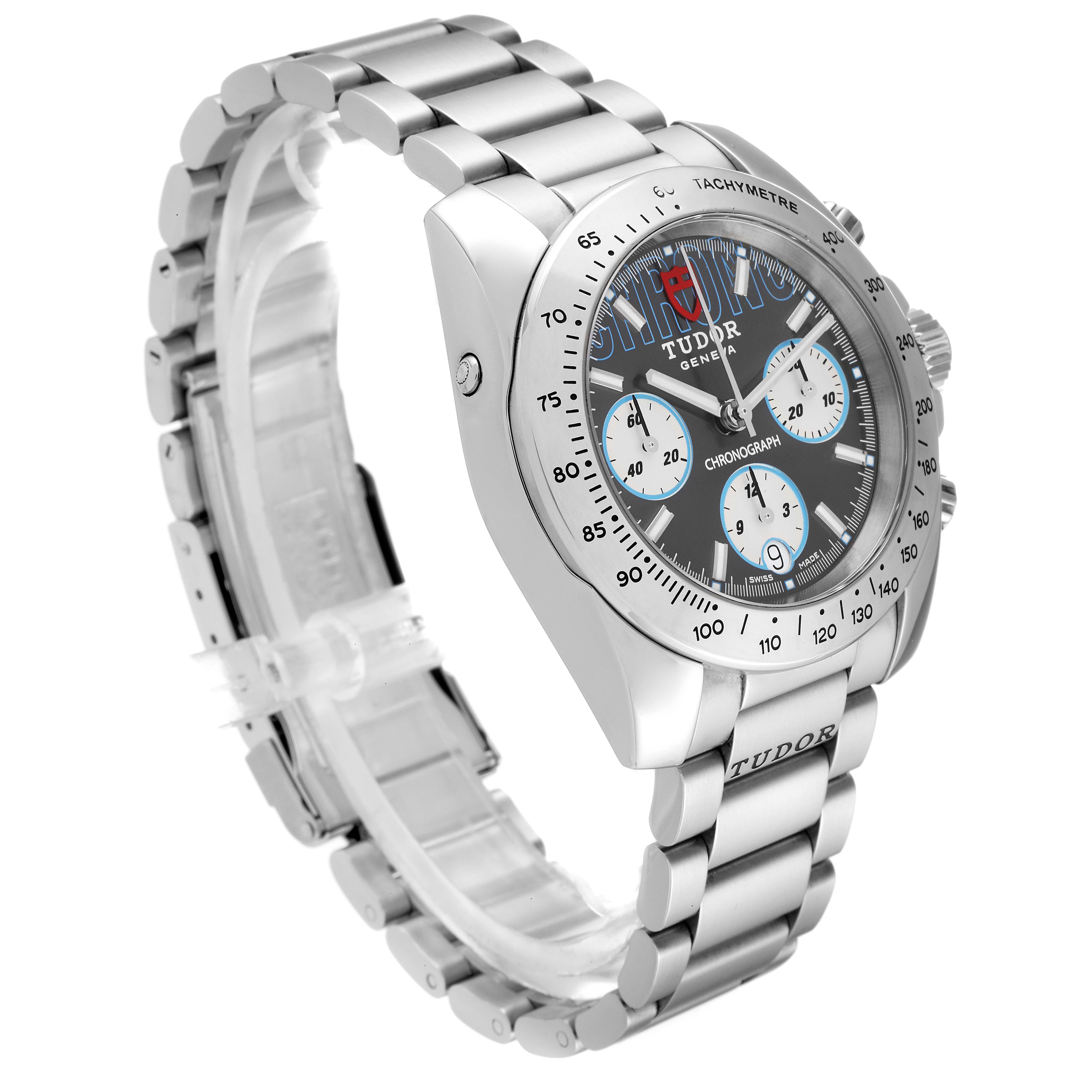The image shows a Tudor Sport Chronograph 20300 Men's Stainless Steel Grey Dial 20300 Men's Stainless Steel Grey Dial watch from a three-quarter angle, highlighting its dial, crown, pushers, bezel, and bracelet.