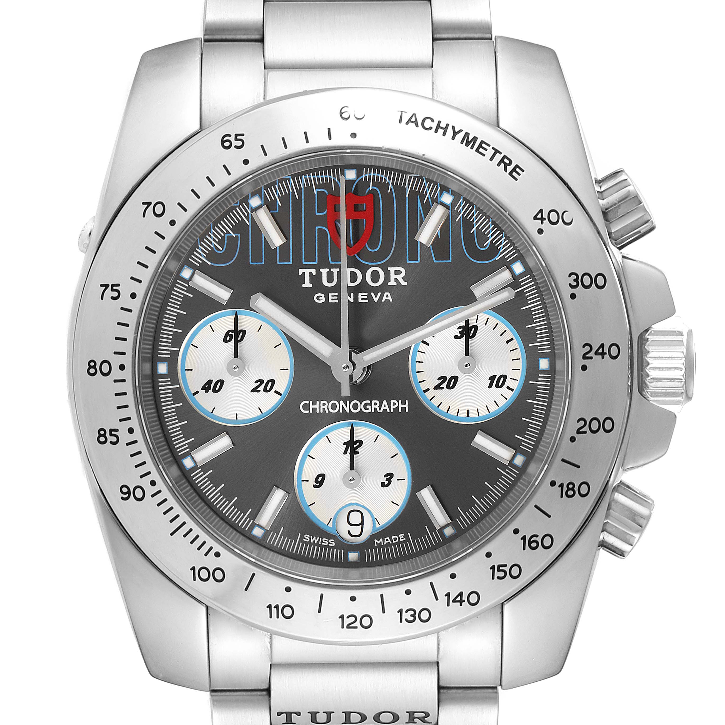The image shows a front view of a Tudor Sport Chronograph 20300 Men's Stainless Steel Grey Dial 20300 Men's Stainless Steel Grey Dial watch, displaying the dial, subdials, bezel, and pushers.